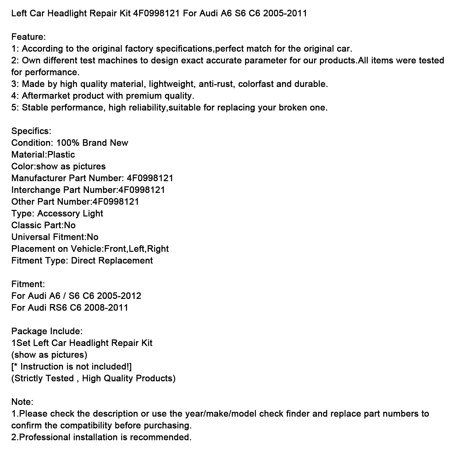 Left Car Headlight Repair Kit 4F0998121 For Audi A6 S6 C6 2005-2011
