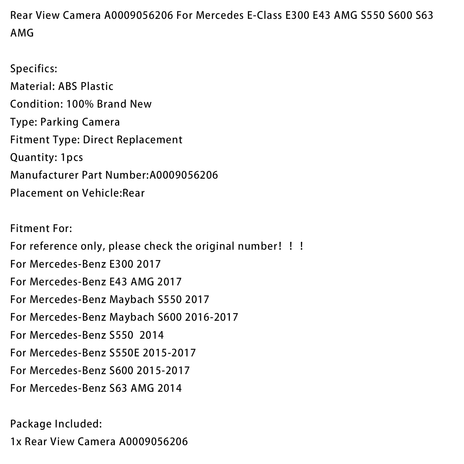 Caméra de recul Mercedes-Benz S550E 2015-2017 A0009056206