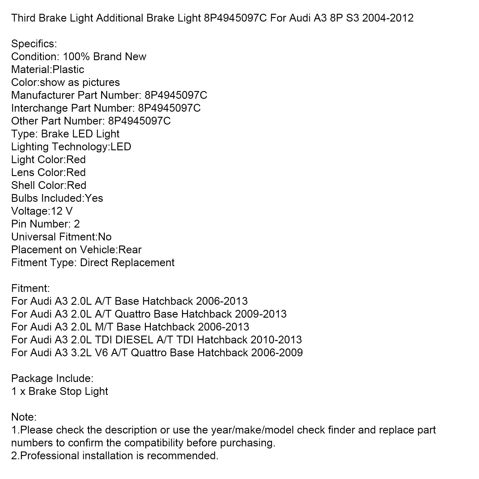 Tretie brzdové svetlo Dodatočné brzdové svetlo 8p4945097c pre Audi A3 8p S3 2004-2012