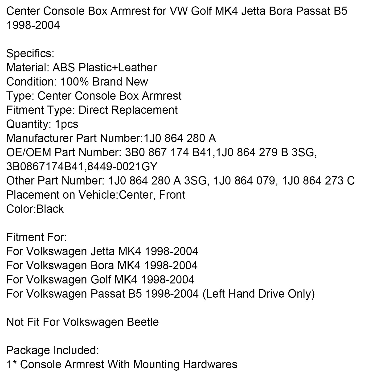 1998-2004 VW Golf MK4 Jetta Bora Passat B5 Middenconsole Armsteun 1J0 864 280 EEN