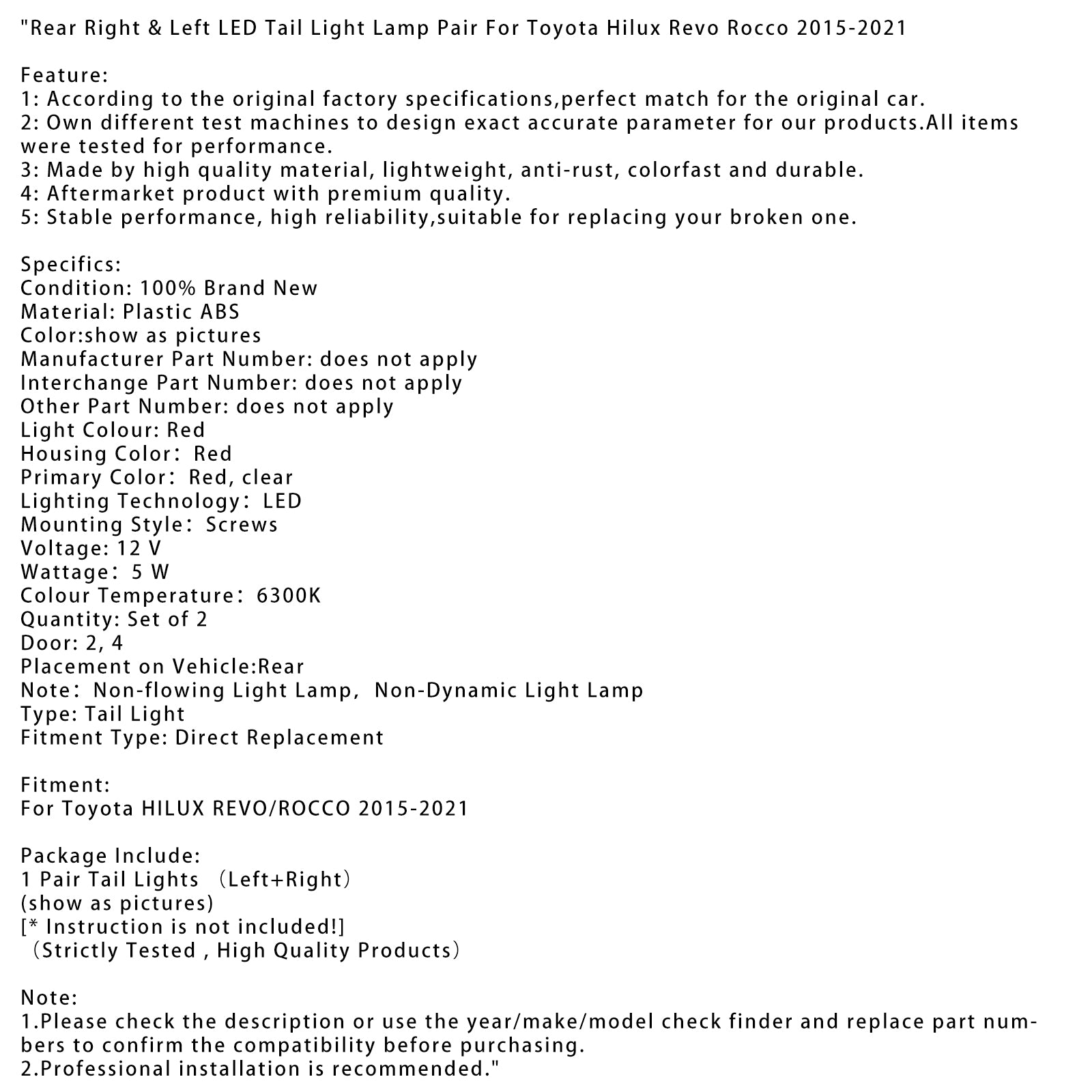 Toyota Hilux Revo Rocco 2015-2021 zadný pravý & Pár ľavých zadných LED svetiel