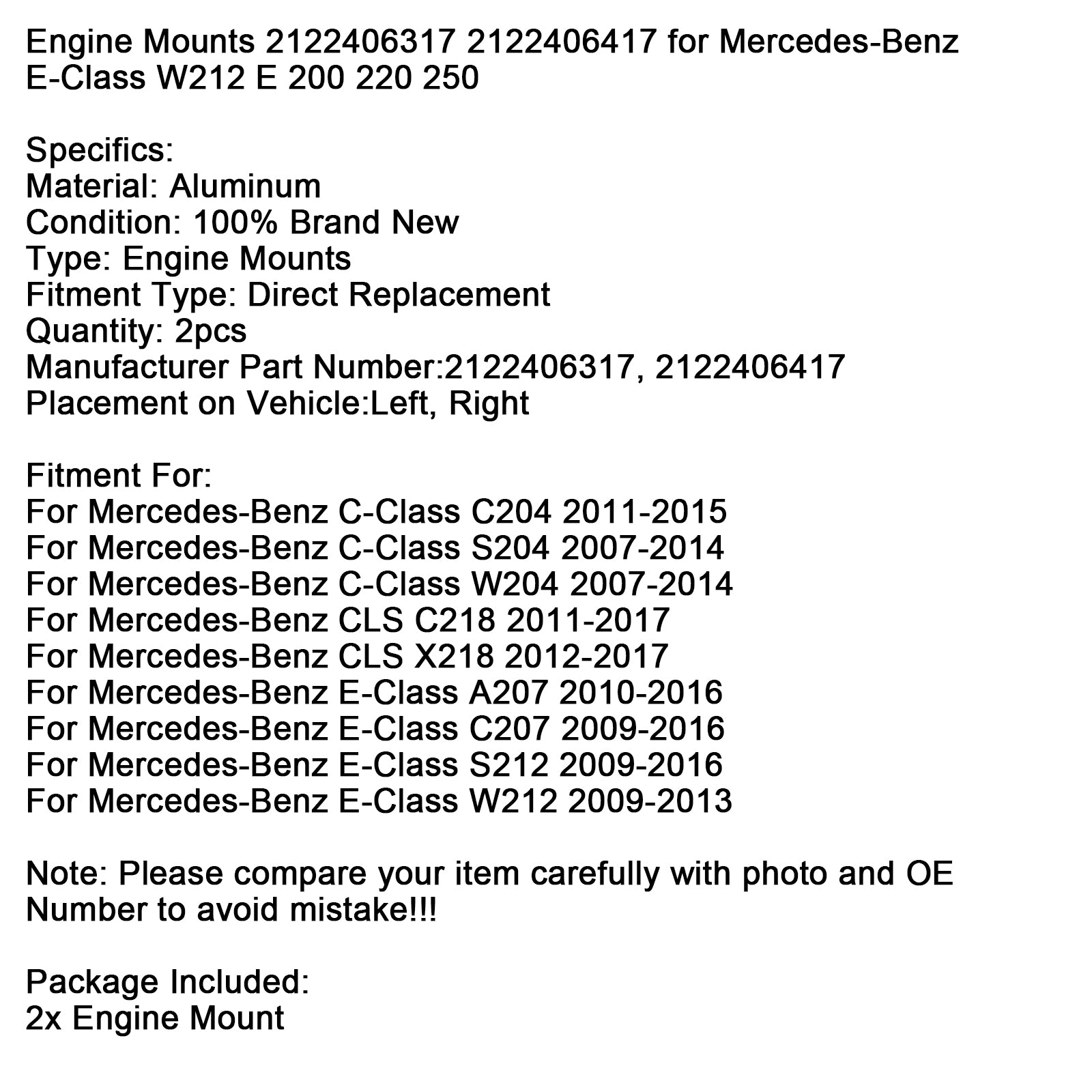 2007-2014 Mercedes-Benz Clase C S204 2 soportes de motor izquierdo + derecho 2122406317 2122406417