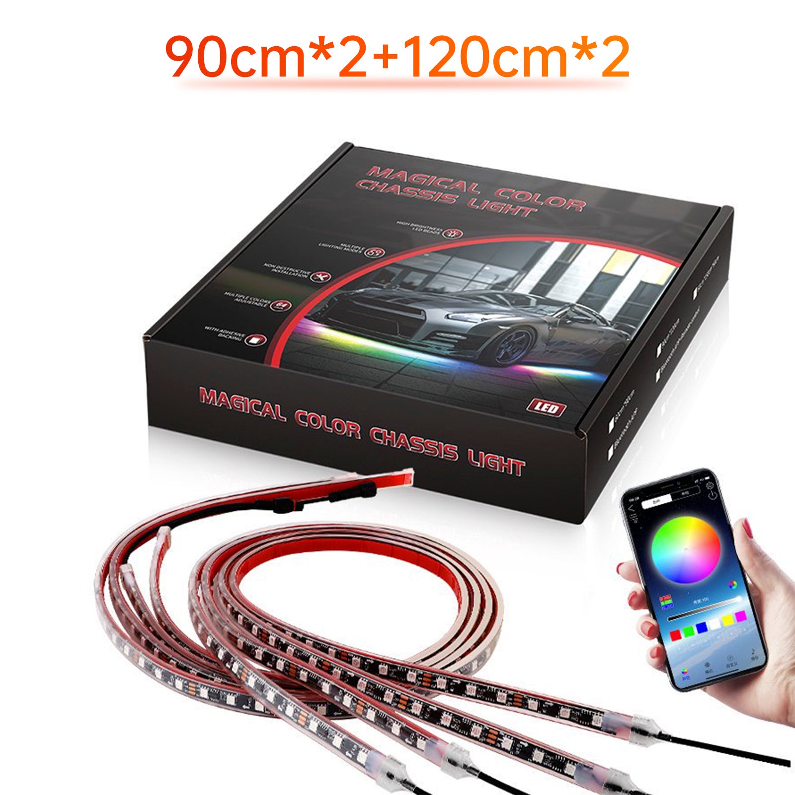 Luz LED para chasis modificada con controlador de aplicación de luz ambiental de fantasía, 90cm x 2+120cm x 2, 4 Uds.