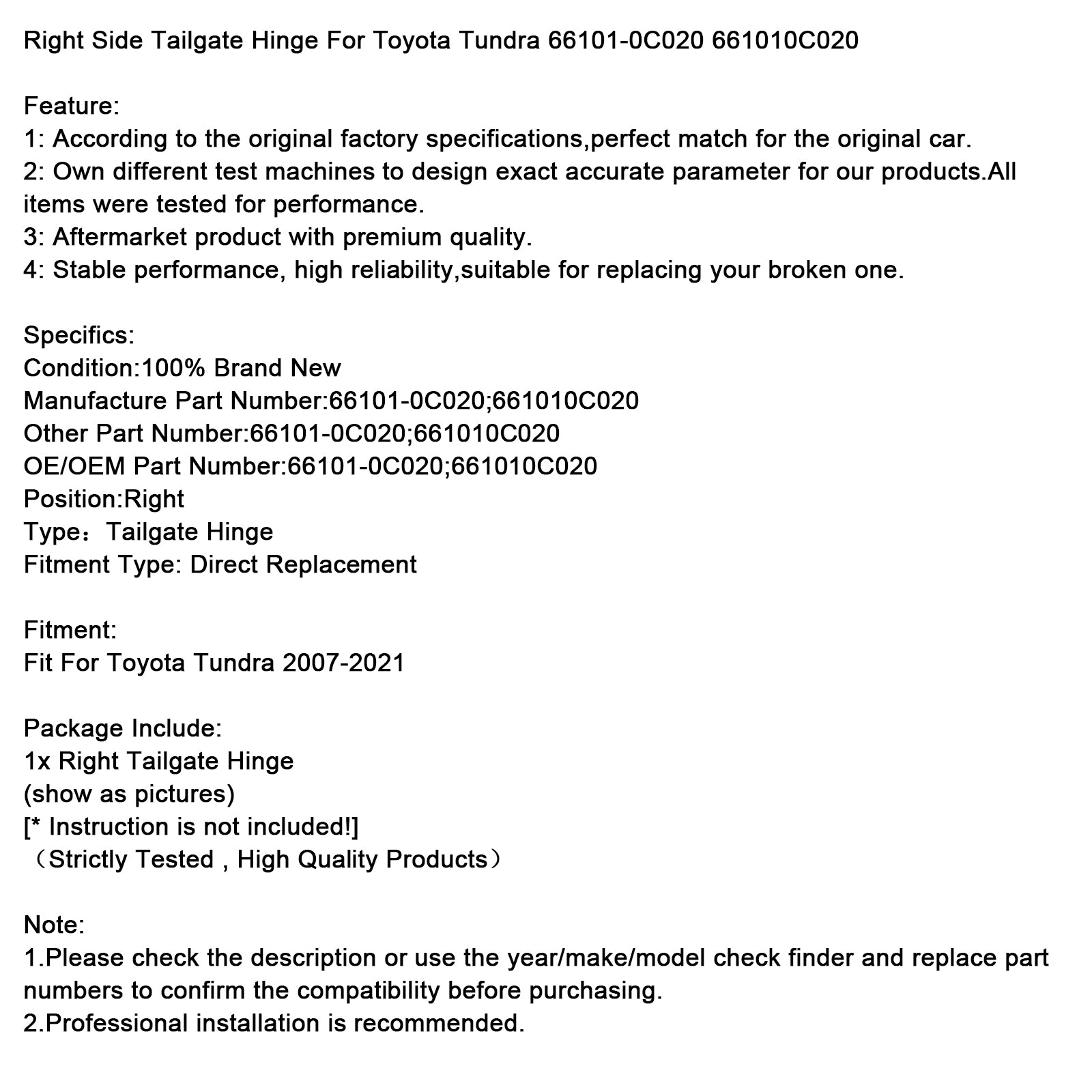 Right Side Tailgate Hinge For Toyota Tundra 2007-2021 66101-0C020?661010C020