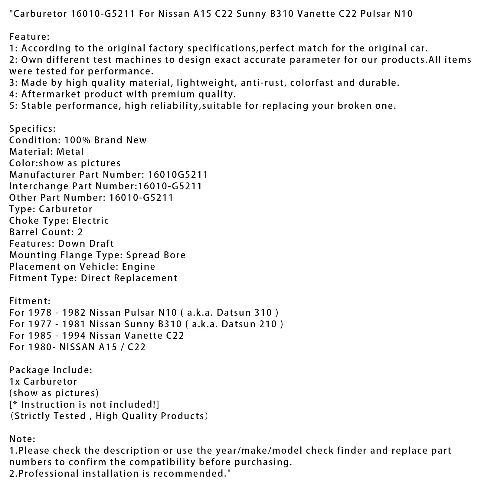1978-1982 Nissan Pulsar N10 Carburetor 16010-G5211