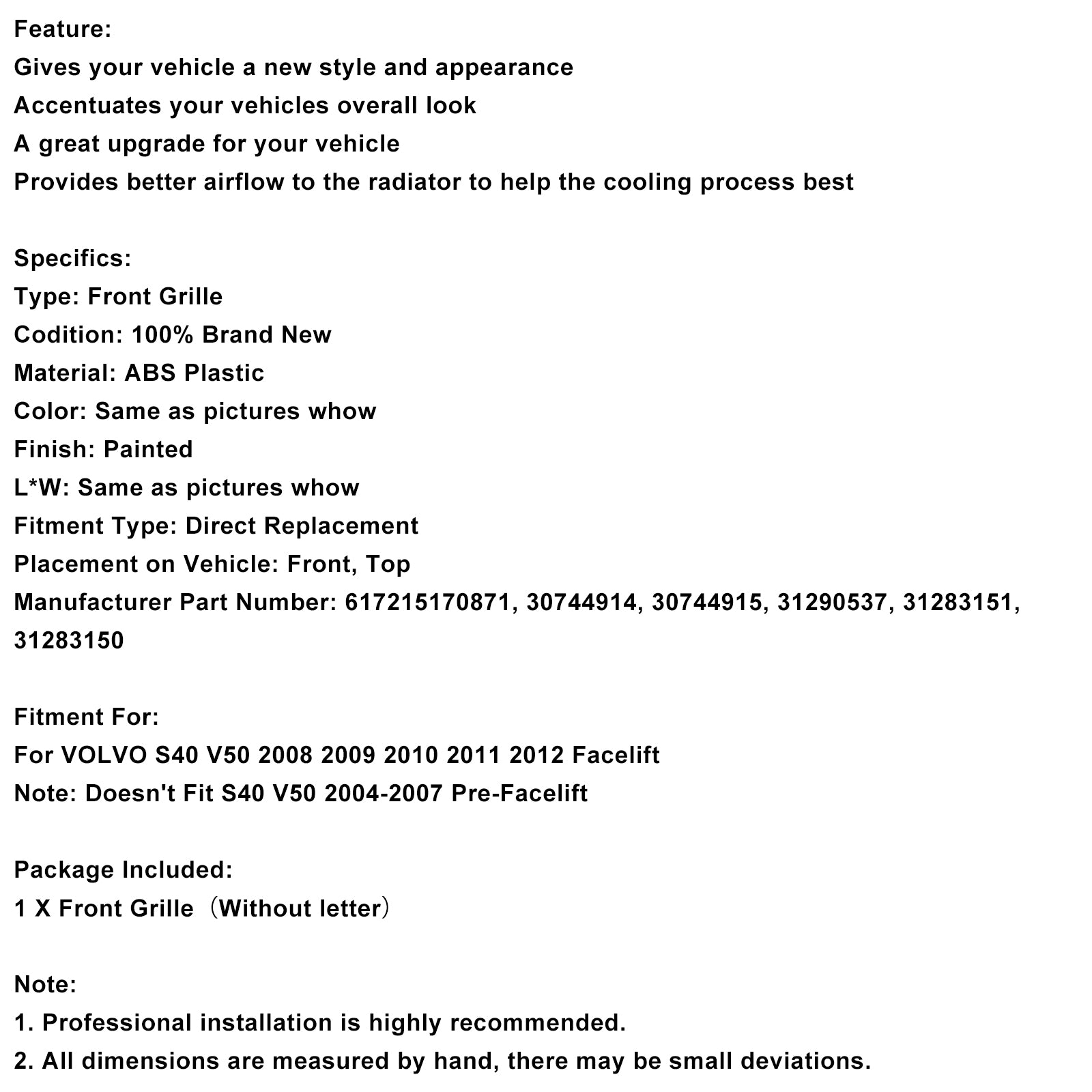 2008-2012 Volvo S40 V50 Grille de pare-chocs avant noir brillant en nid d'abeille