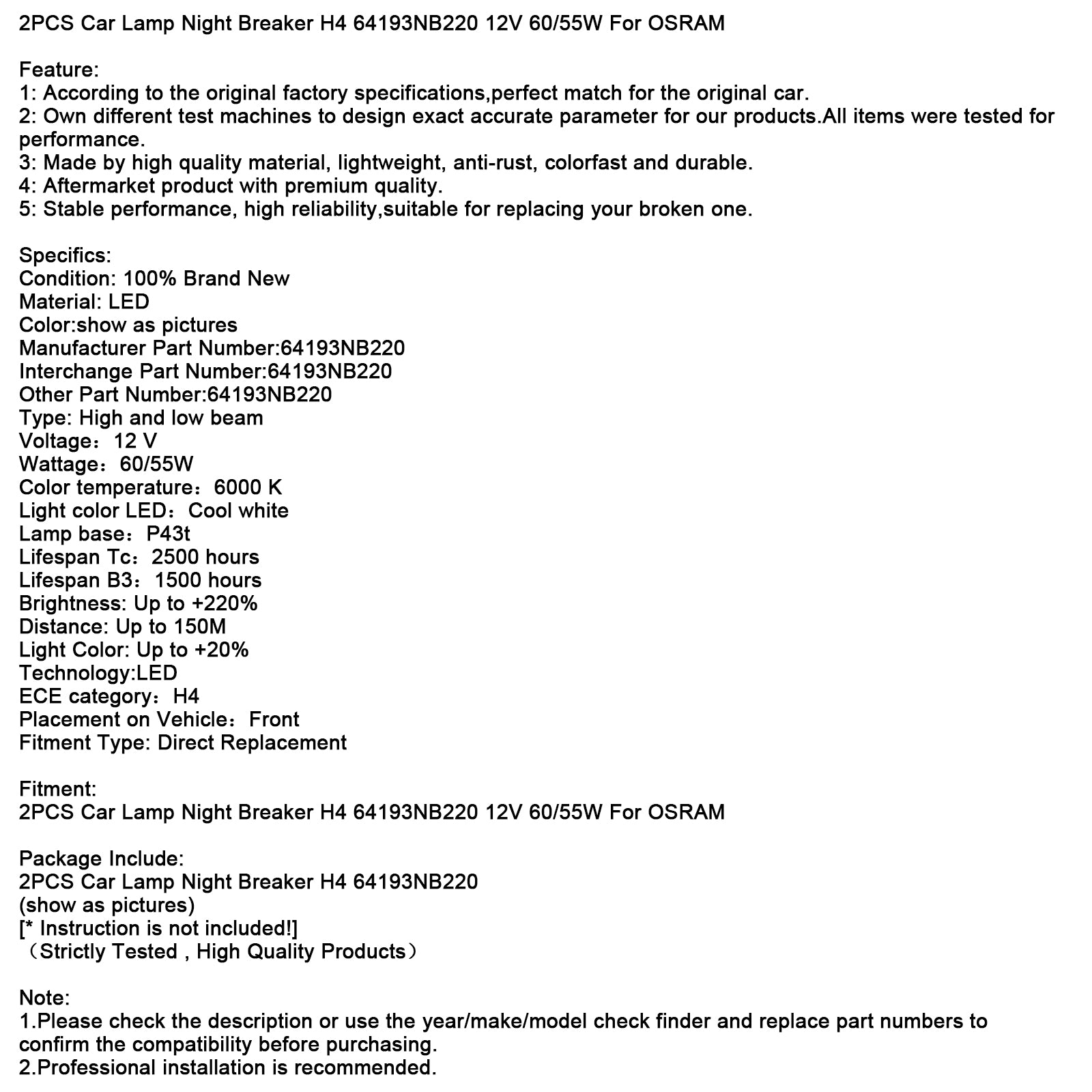 2PCS Car Breaker Night Breaker H4 64193NB220 12V 60/55W para osram