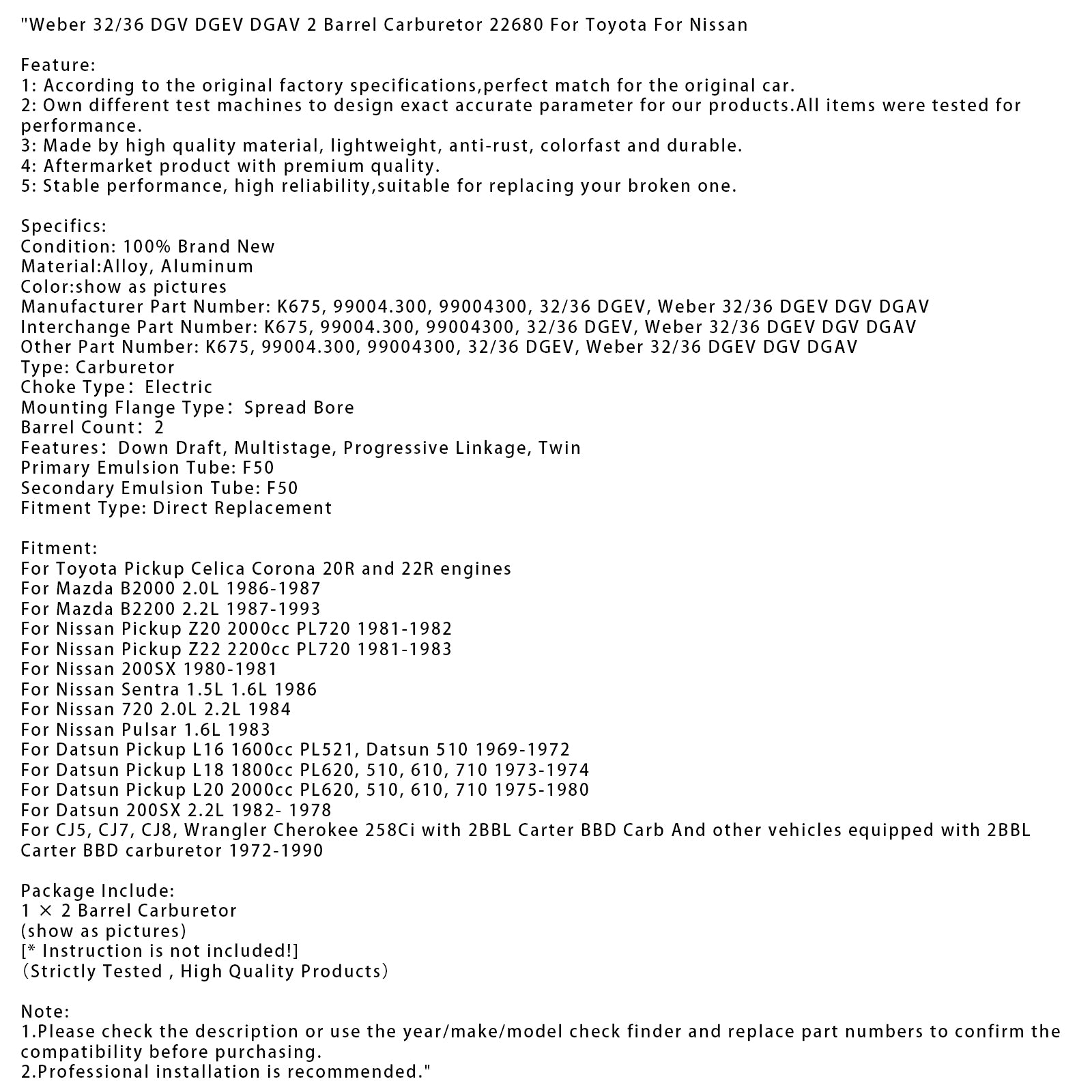 1969-1972 Pickup Datsun L16 1600cc PL521, Datsun 510 WEBER 32/36 DGV DGEV DGAV 2 Barrel Carburor 22680