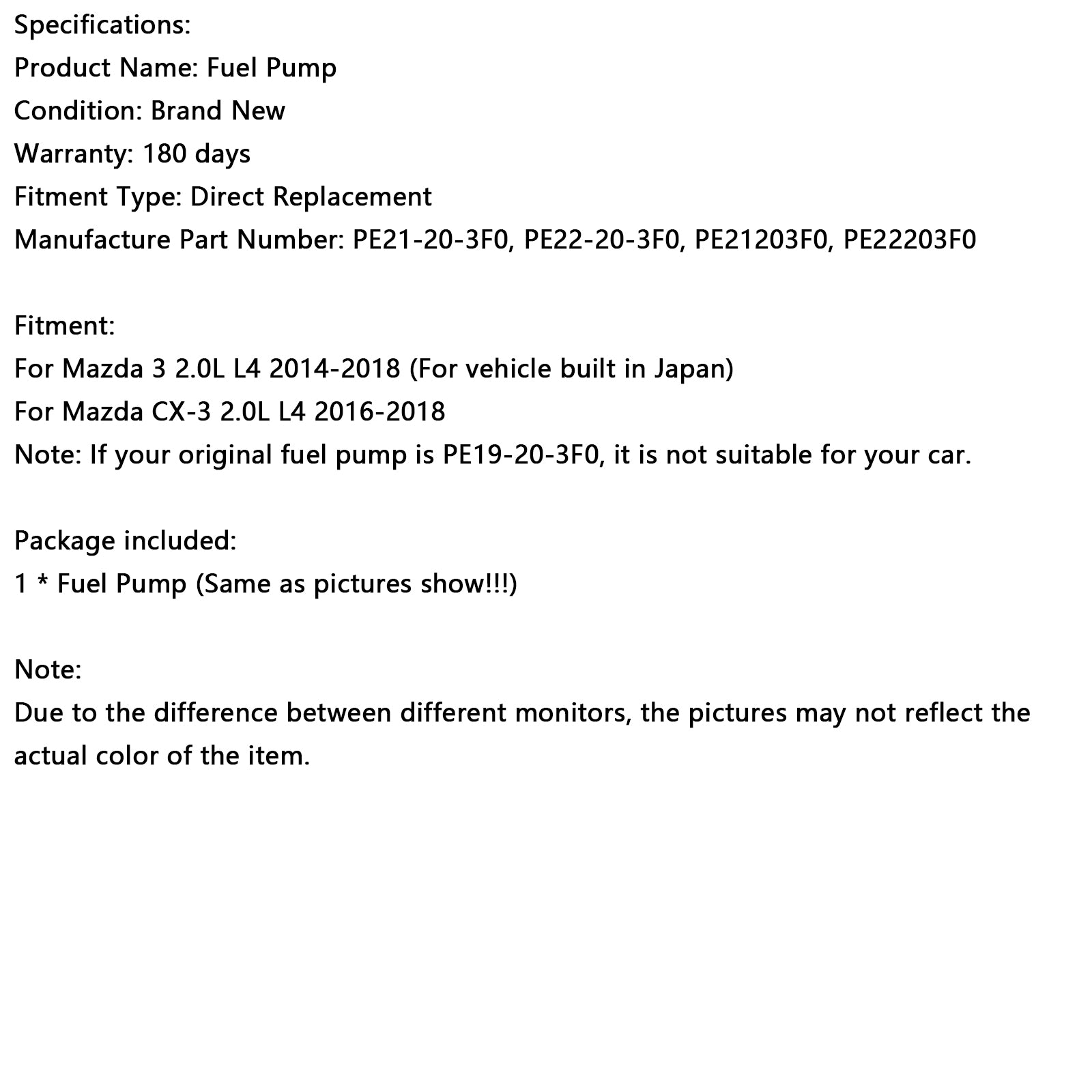 Høytrykk drivstoffpumpe PE22-20-3F0 FIT MAZDA 3 2014-2018 CX-3 2016-2018 2.0L