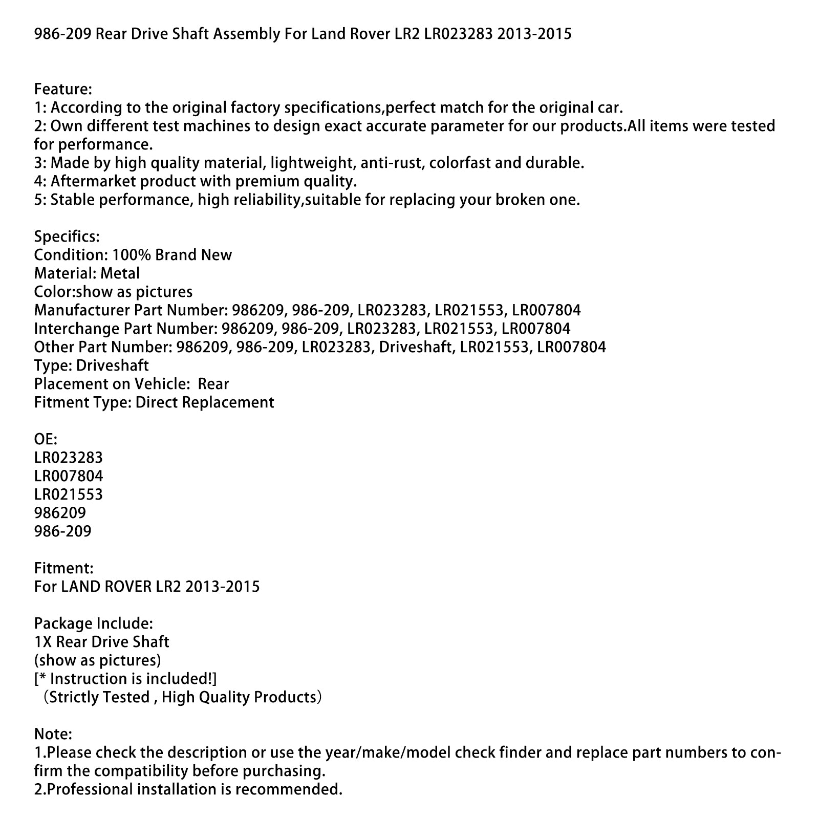 2013-2015 Land Rover LR2 LR023283 Assemblage d'arbre d'entraînement arrière 986-209