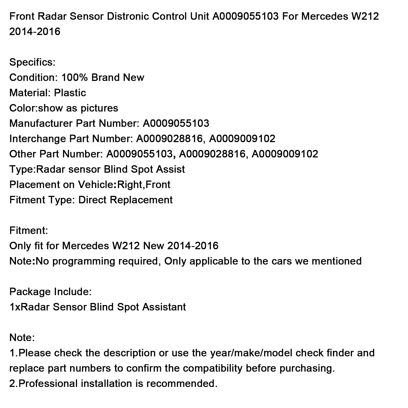 2014-2016 Mercedes W212 Front Radar Sensor Control Unit A0009055103 A0009028816 A0009009102
