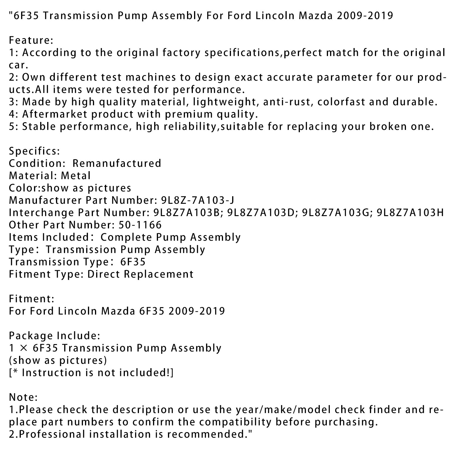 6F35 Transmission Pump Assembly For Ford Lincoln Mazda 2009-2019