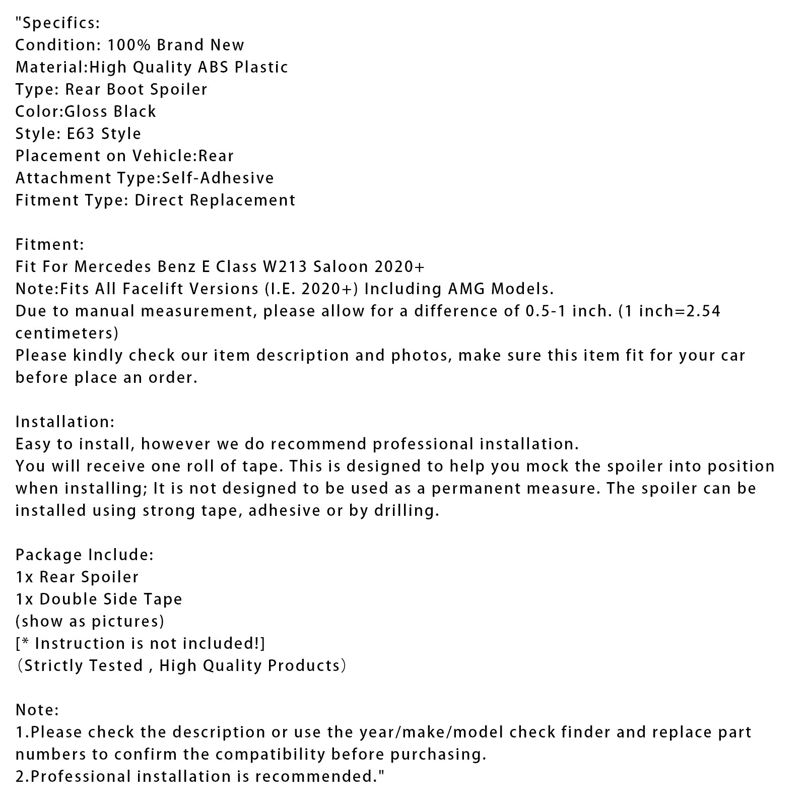 2020+ Mercedes-Benz E-Klasse W213 E63-stil, glanset sort, bakre bagasjeromsspoiler