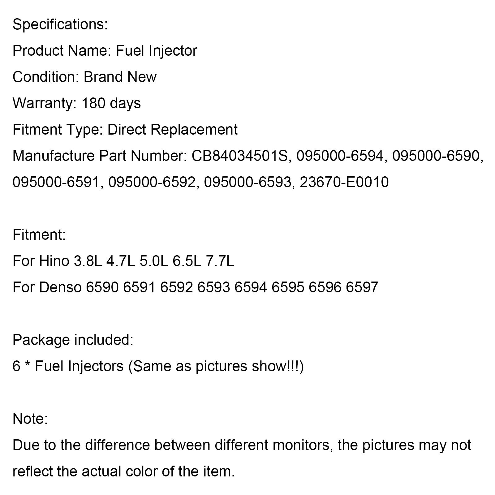 Injecteurs de carburant 095000 – 6593, adaptés à Hino J08E, Kobelco SK330-8, 6 pièces