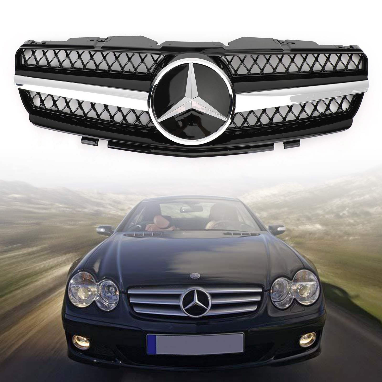 2003-2006 Mercedes R230 SL500 SL600 1 Fin Star AMG Grille Grill zwart Voor SL500 SL600 SL55 2003-2006