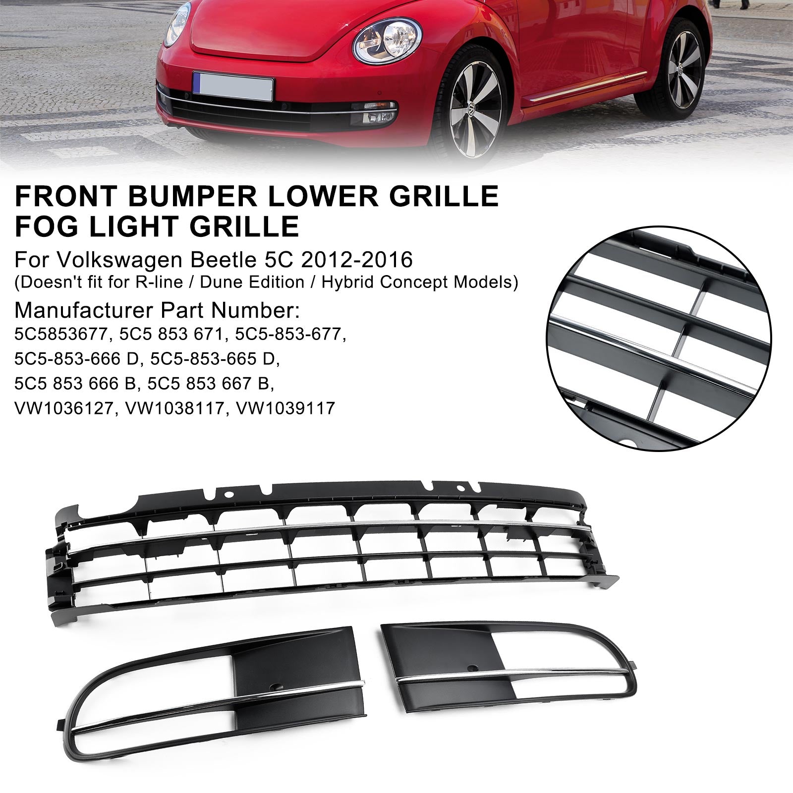 2012-2016 VW Beetle W/ Front Bumper Lower Grille + Fog Light Grill Chrome