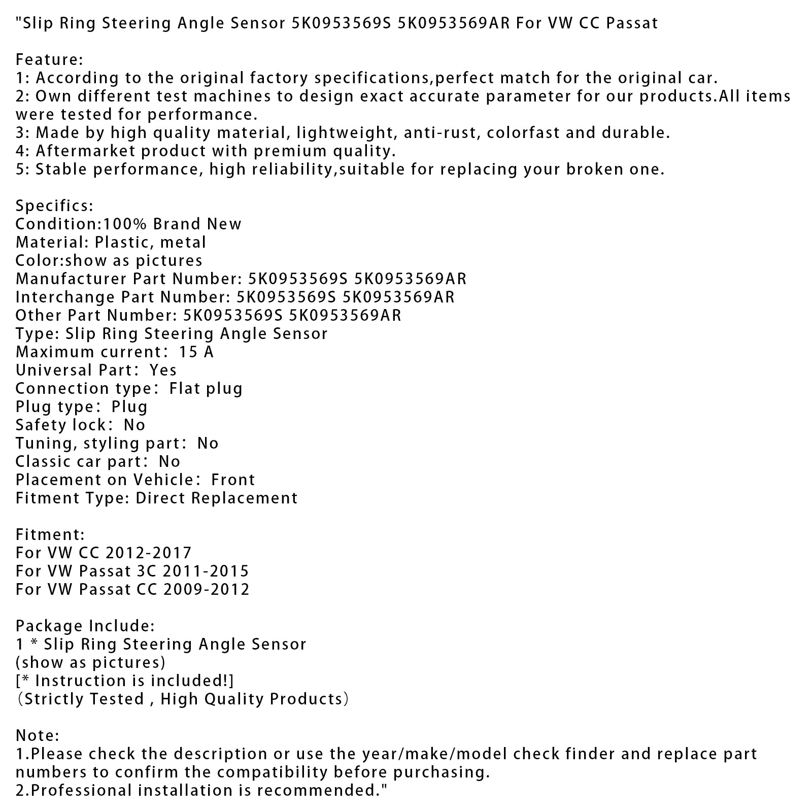 Slirring Styrvinkelsensor 5K0953569S 5K0953569AR För VW CC Passat