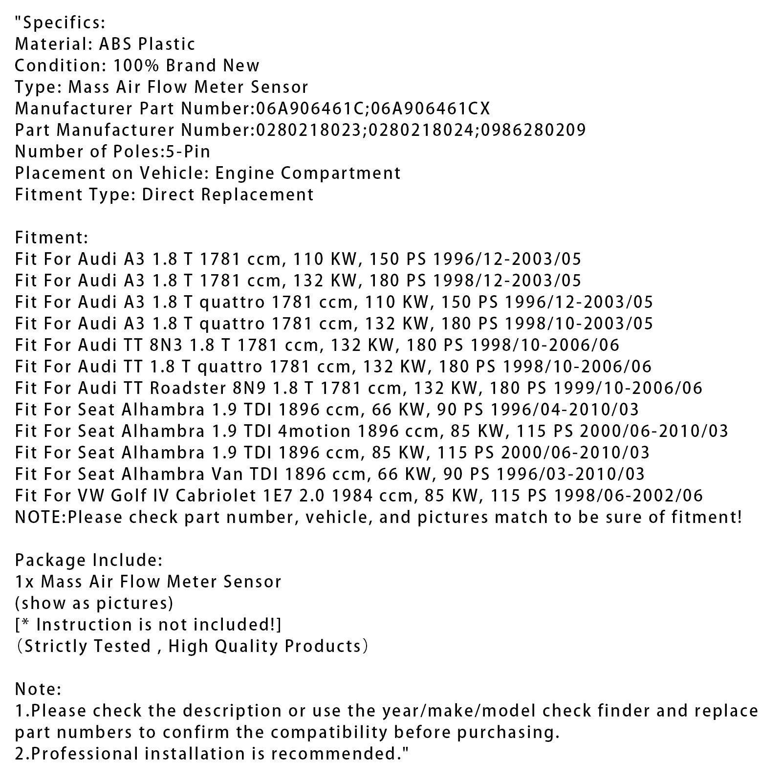 Luftmassemätare Sensor för Audi A3 TT Volkswagen Cabriolet 06A906461C