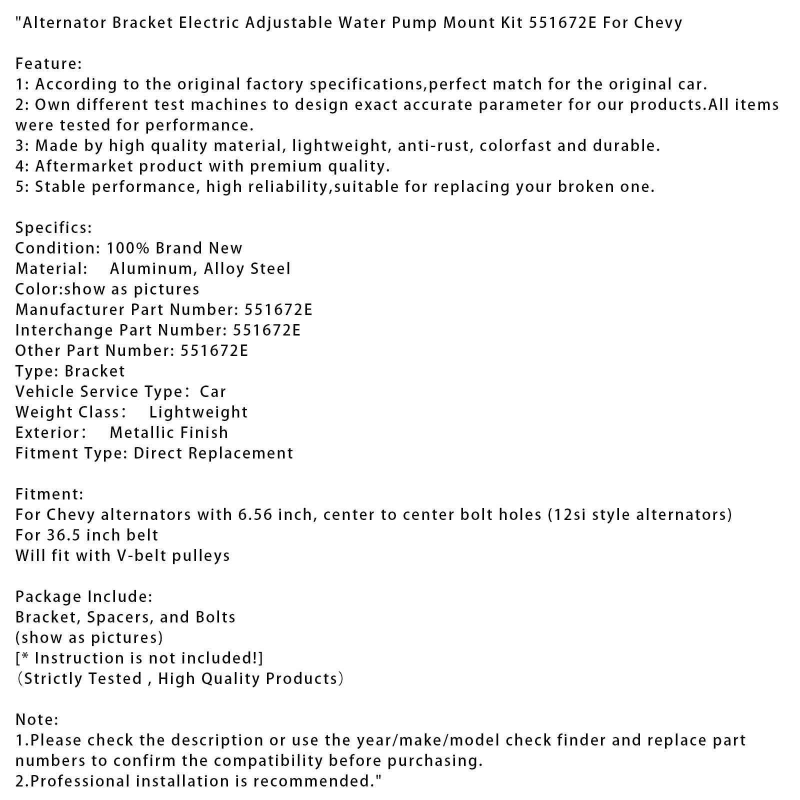 Alternator Bracket Electric Adjustable Water Pump Mount Kit 551672E For Chevy