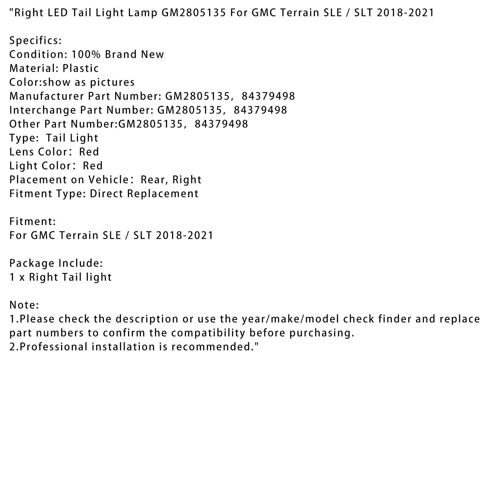 2018-2021 GMC Terrain SLE/SLT pravá LED TACK LAMP LAMP GM2805135