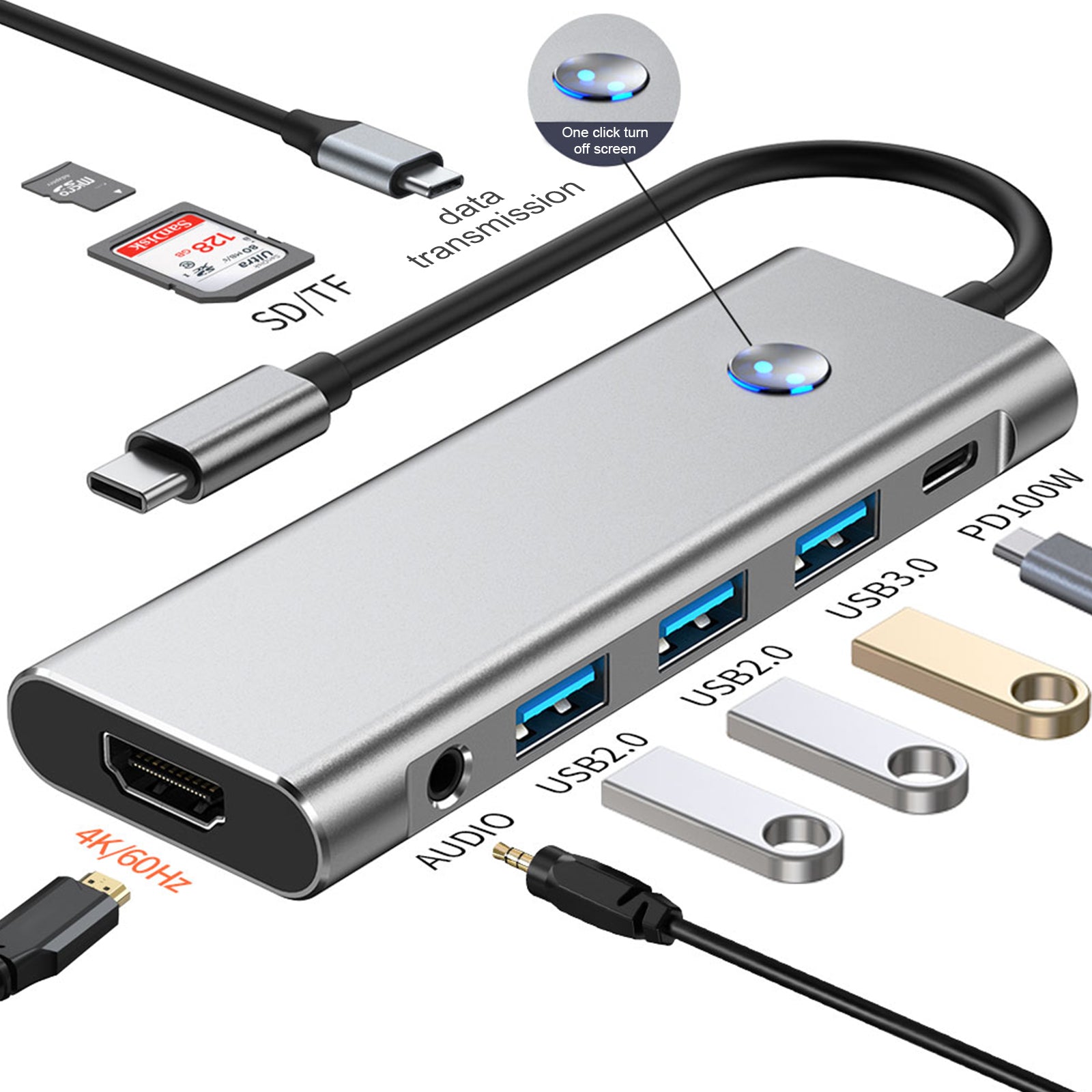 9 in 1 TYPE-C+USB3.0 USB2.0 HDMI SD/TF PD100W Hubadapter voor audiogegevensinterface