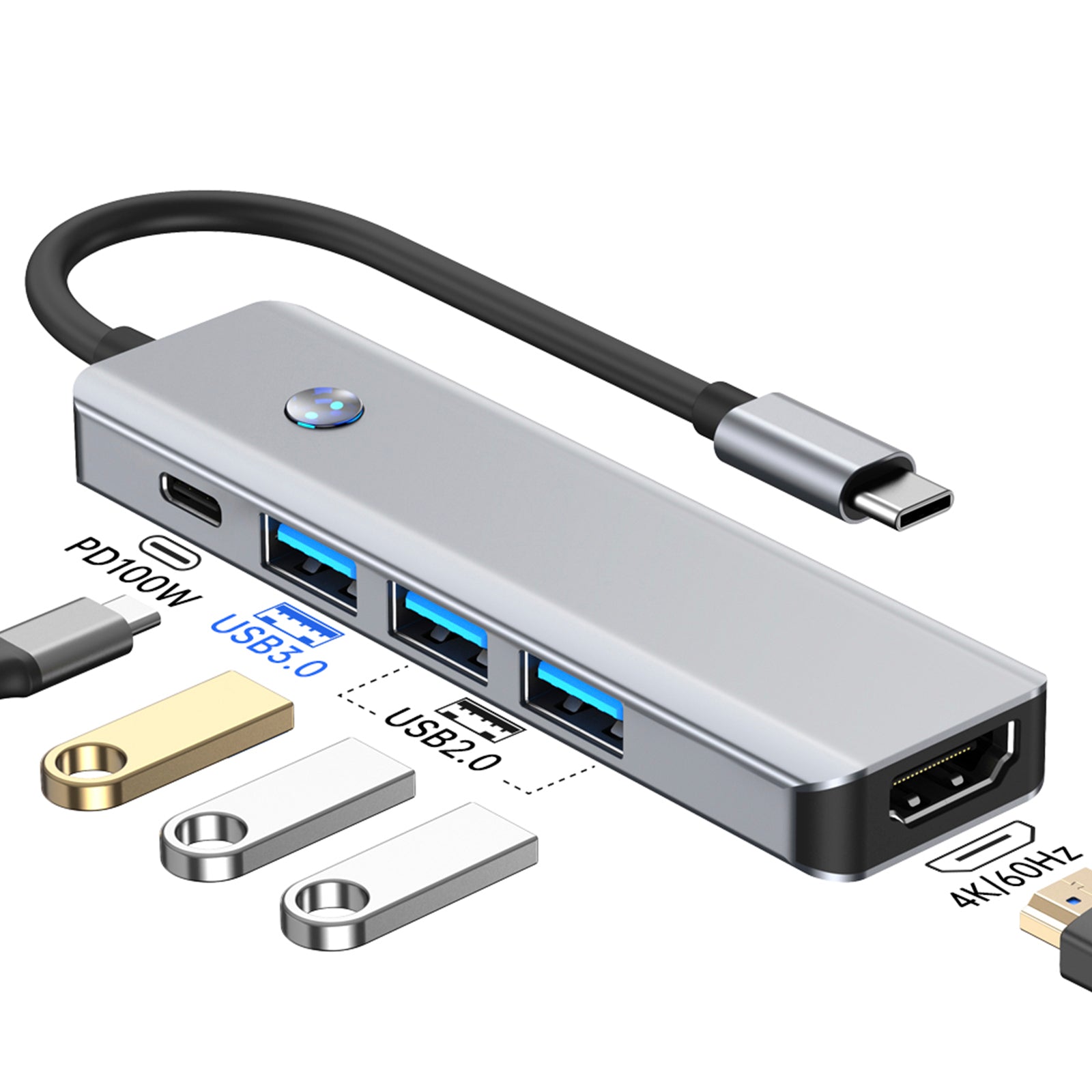 5 en 1 adaptador de concentrador de interfaz TYPE-C+USB3.0*1+USB2.0*2+HDMI+PD100W para MacBook