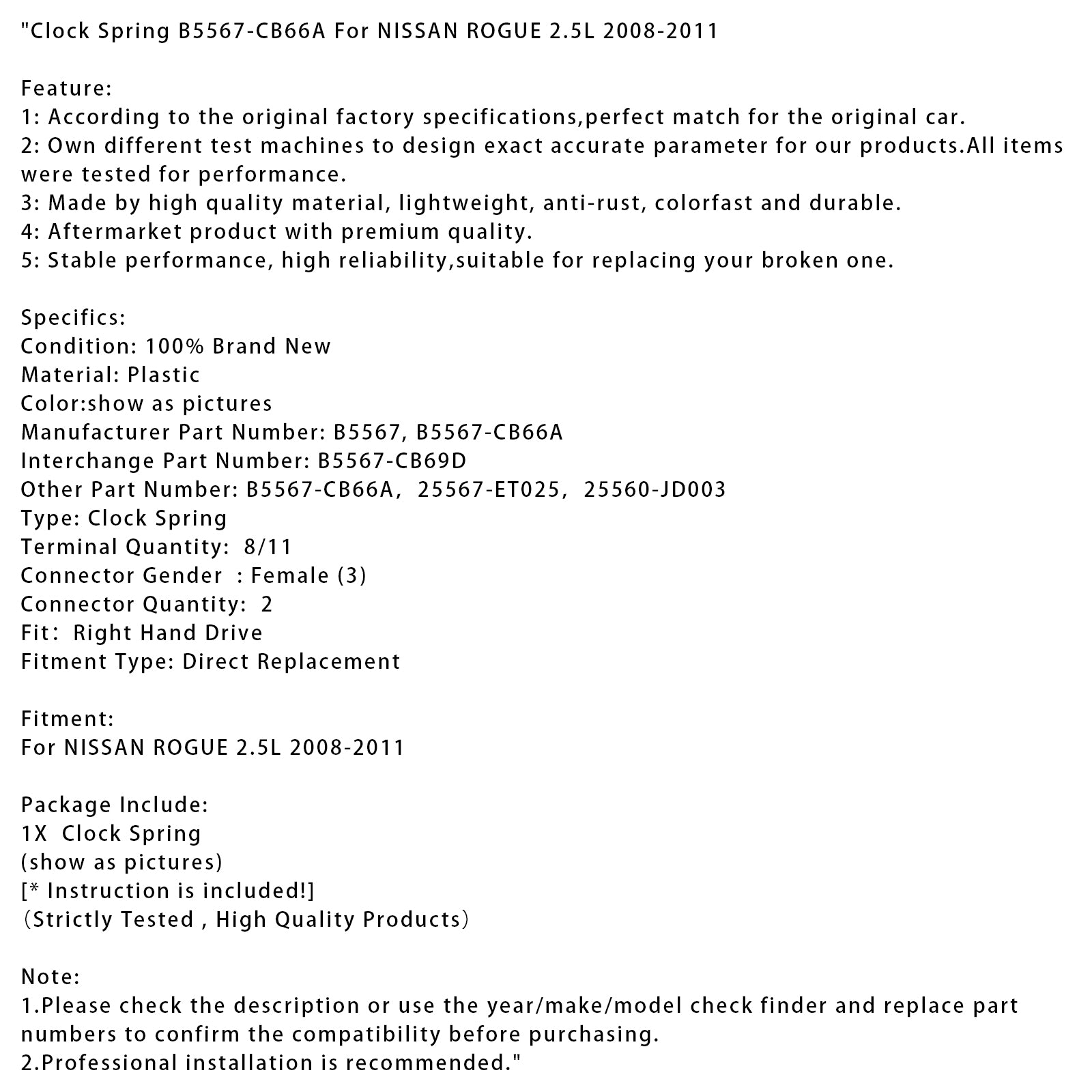 2008-2011 NISSAN ROGUE 2.5L Resorte de reloj B5567-CB66A B5567-CB69D 25560-JD003