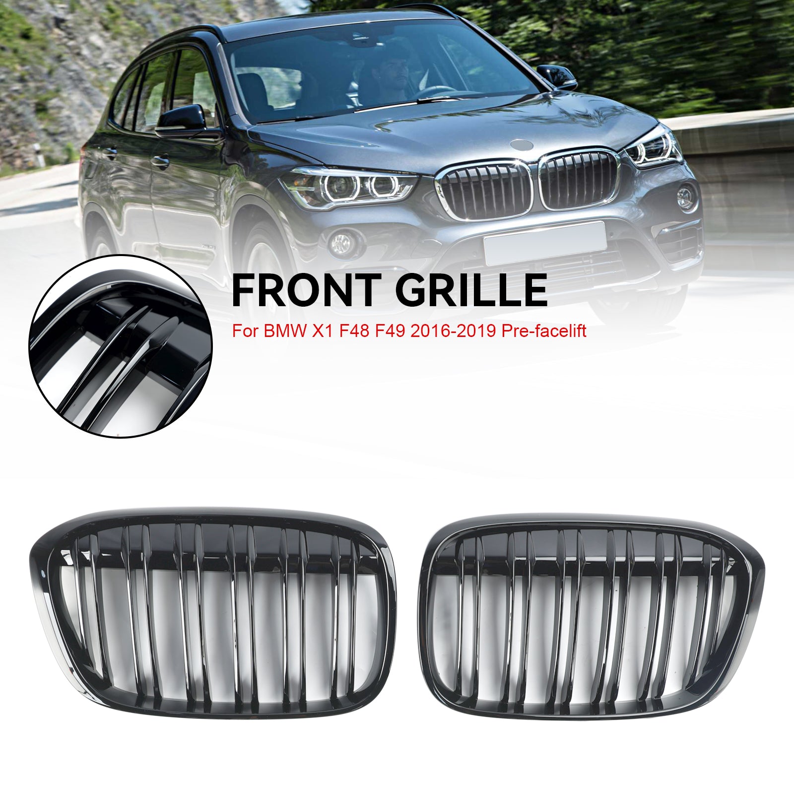 2016-2019 BMW X1 F48 F49 2PCS Grille de calandre avant noire brillante