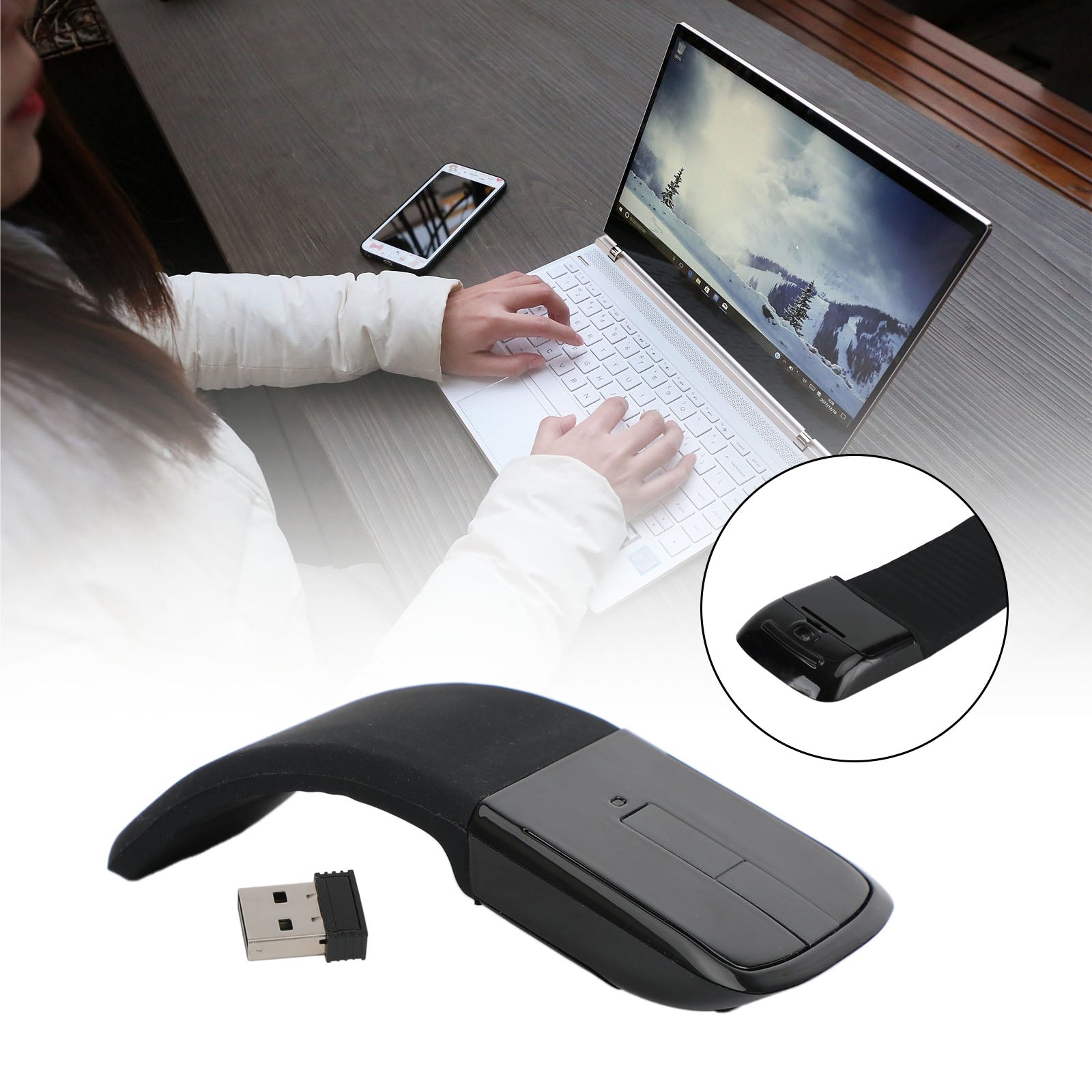 Wireless Mouse with USB Mini Folding Mouse 2.4GHz Arc Optical Touch Mice Black