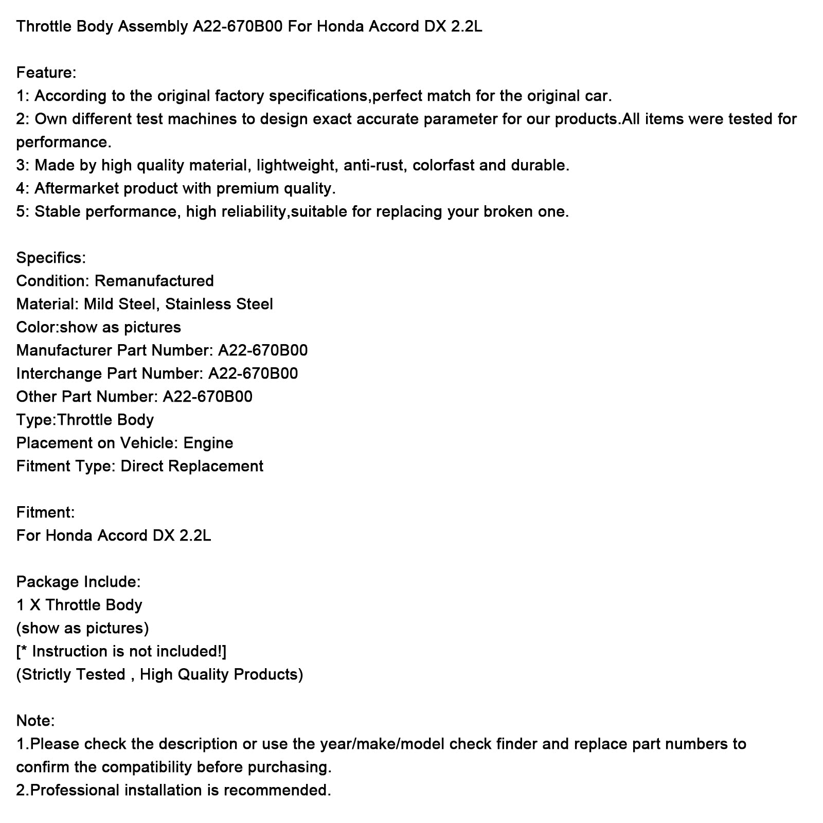 Honda Accord DX 2.2L Throttle Body Assembly A22-670B00