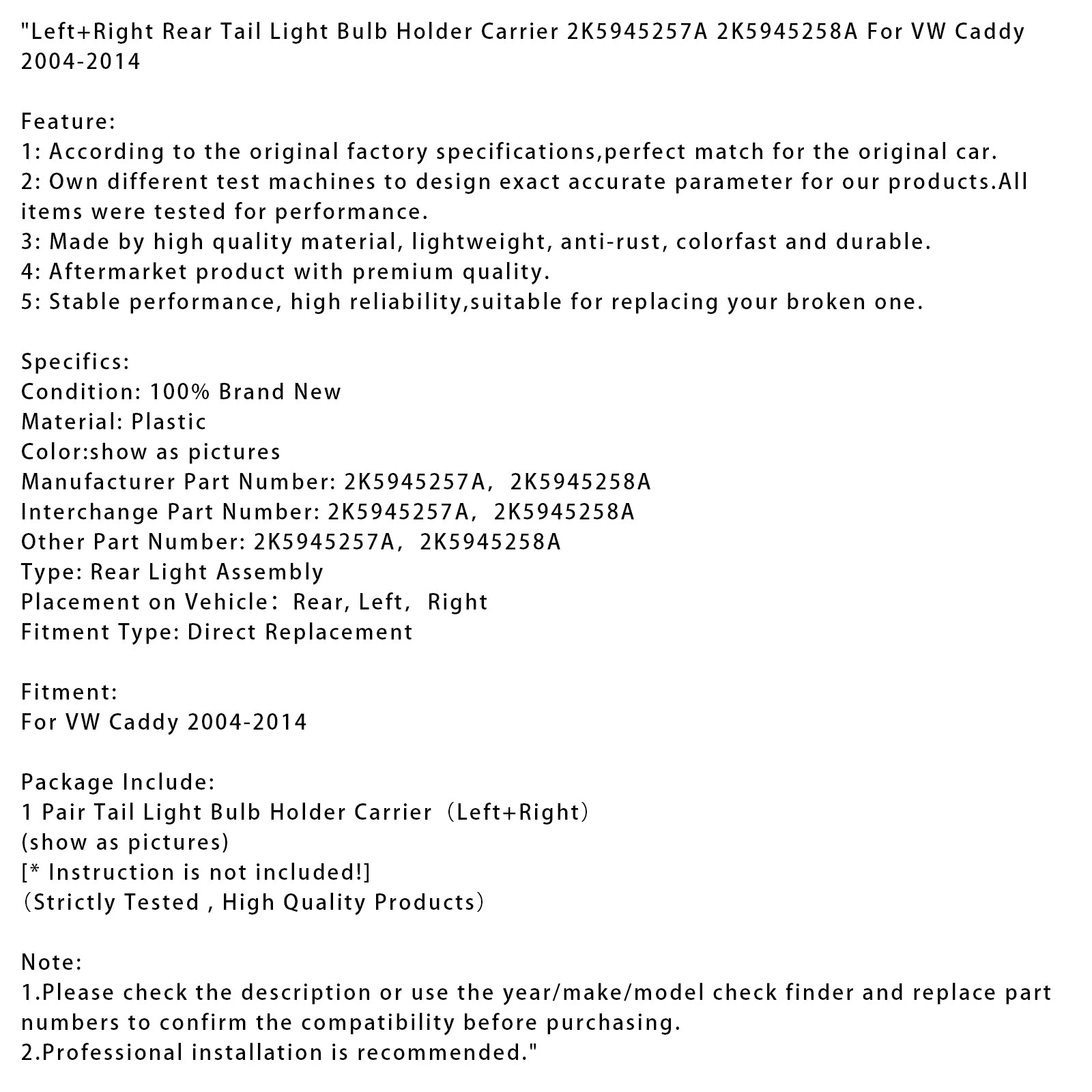 2004-2014 VW Caddy Left+Right Rear Tail Light Bulb Holder Carrier 2K5945257A 58A