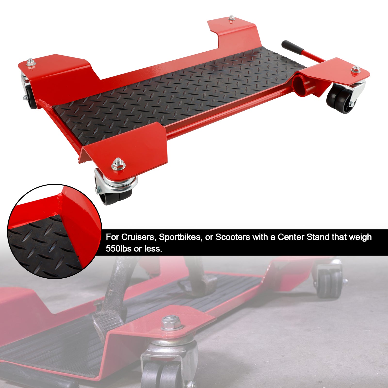 Motorcycle Center Stand Moving Dolly Trolley Platform 360 graden zwenkwielen 250 kg