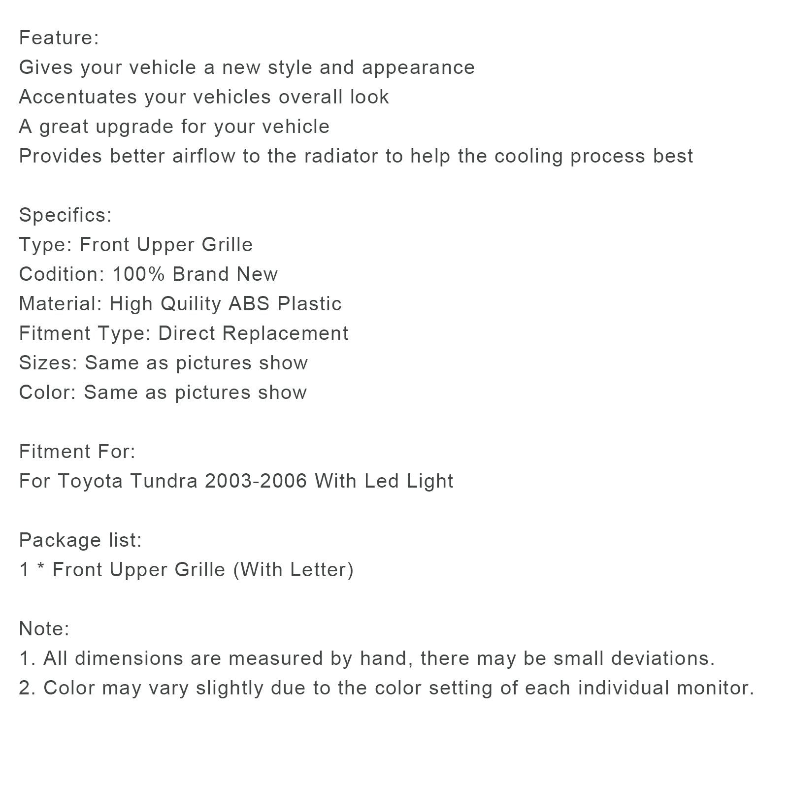 Matte Black Front Bumper Grill Grille Fit Toyota Tundra 2003-2006 W/Light