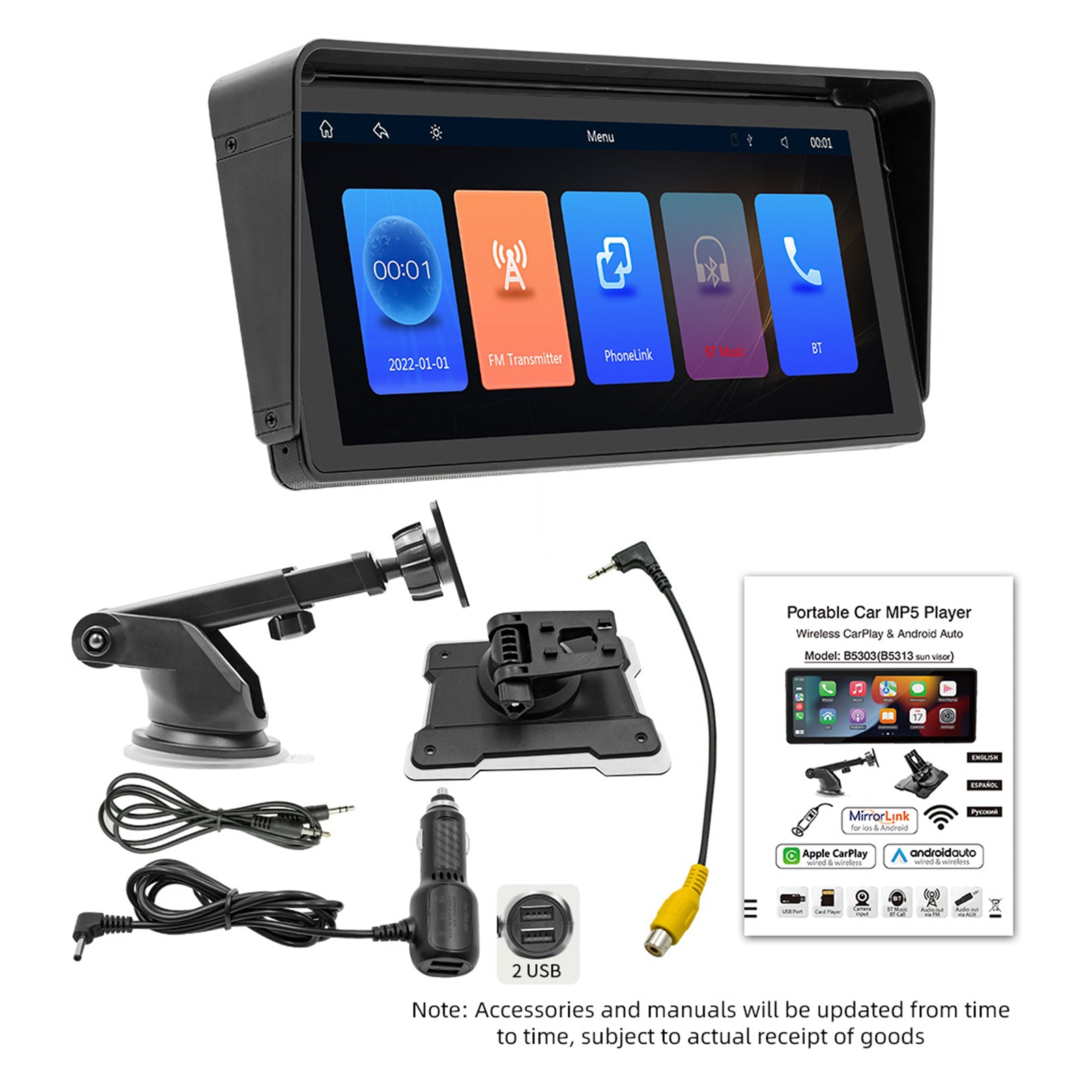 Lecteur MP5 pour voiture, 10.26 pouces, Bluetooth, transmetteur FM, sans fil, Carplay, 4 caméras LED