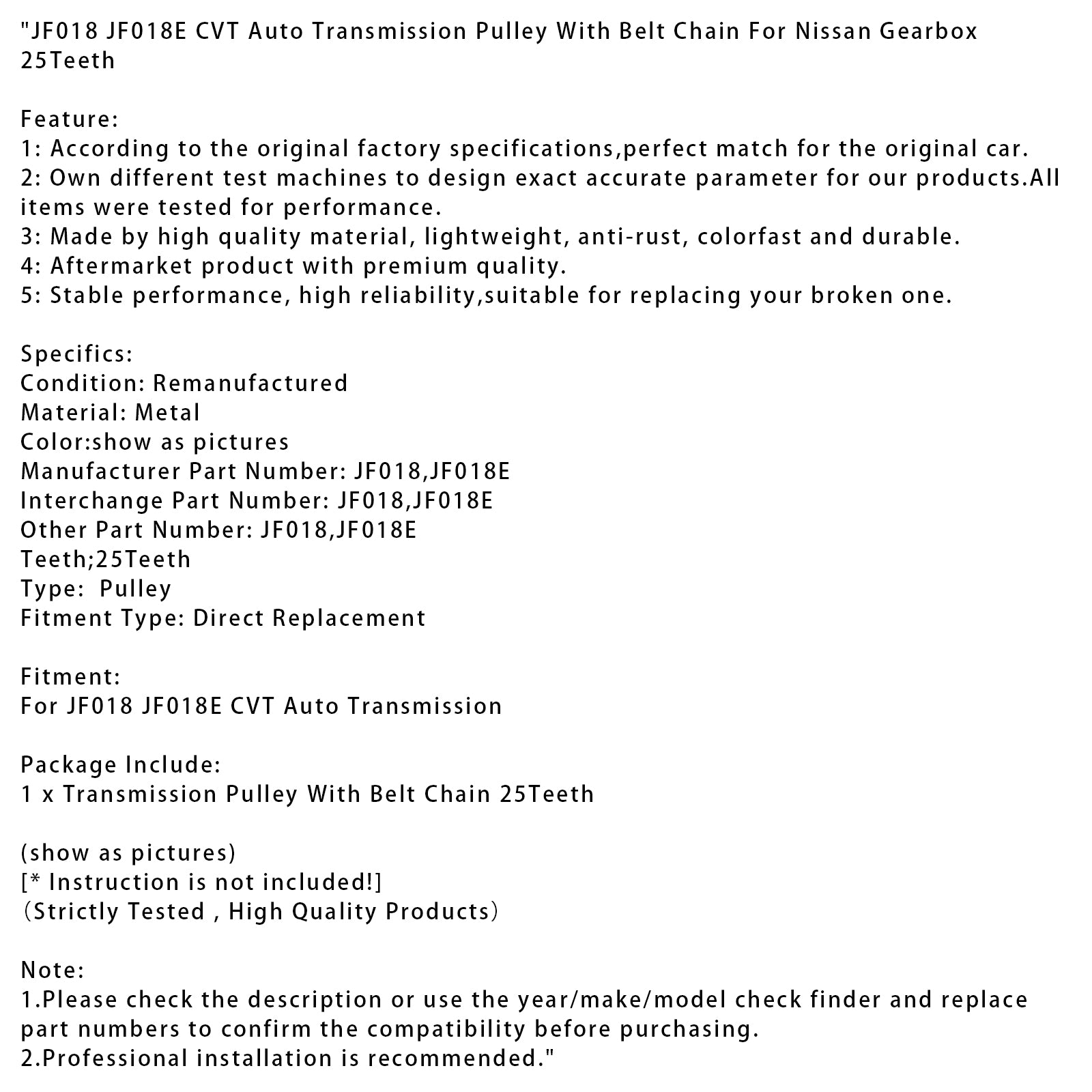 Polea de transmisión automática JF018 JF018E CVT con cadena de correa para Nissan 25 dientes