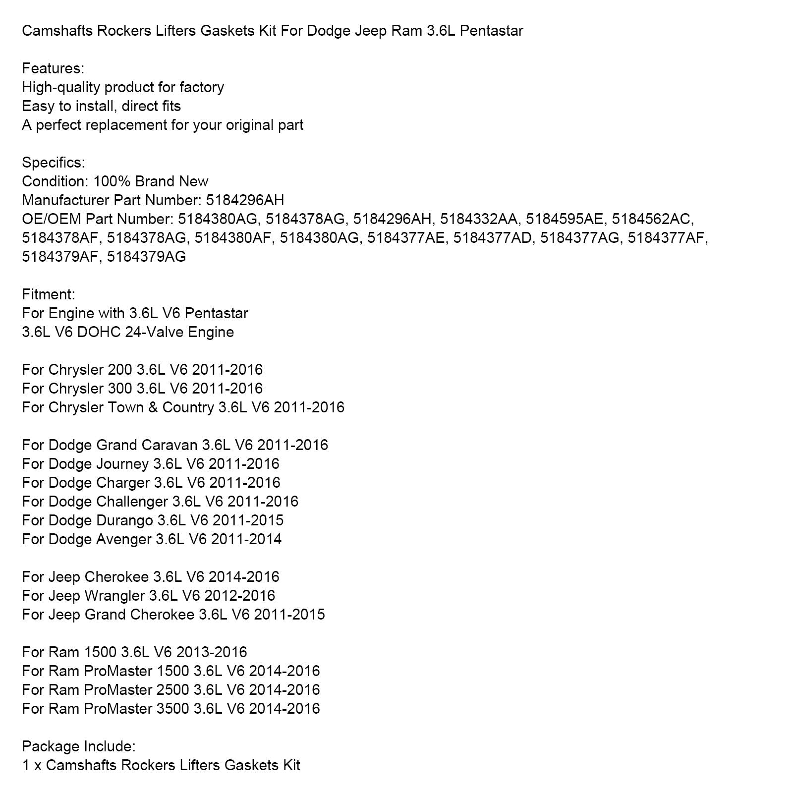 2011-2016 Chrysler 300 3.6L V6 Camshafts Rockers Lifters Gaskets Kit 5184296AH