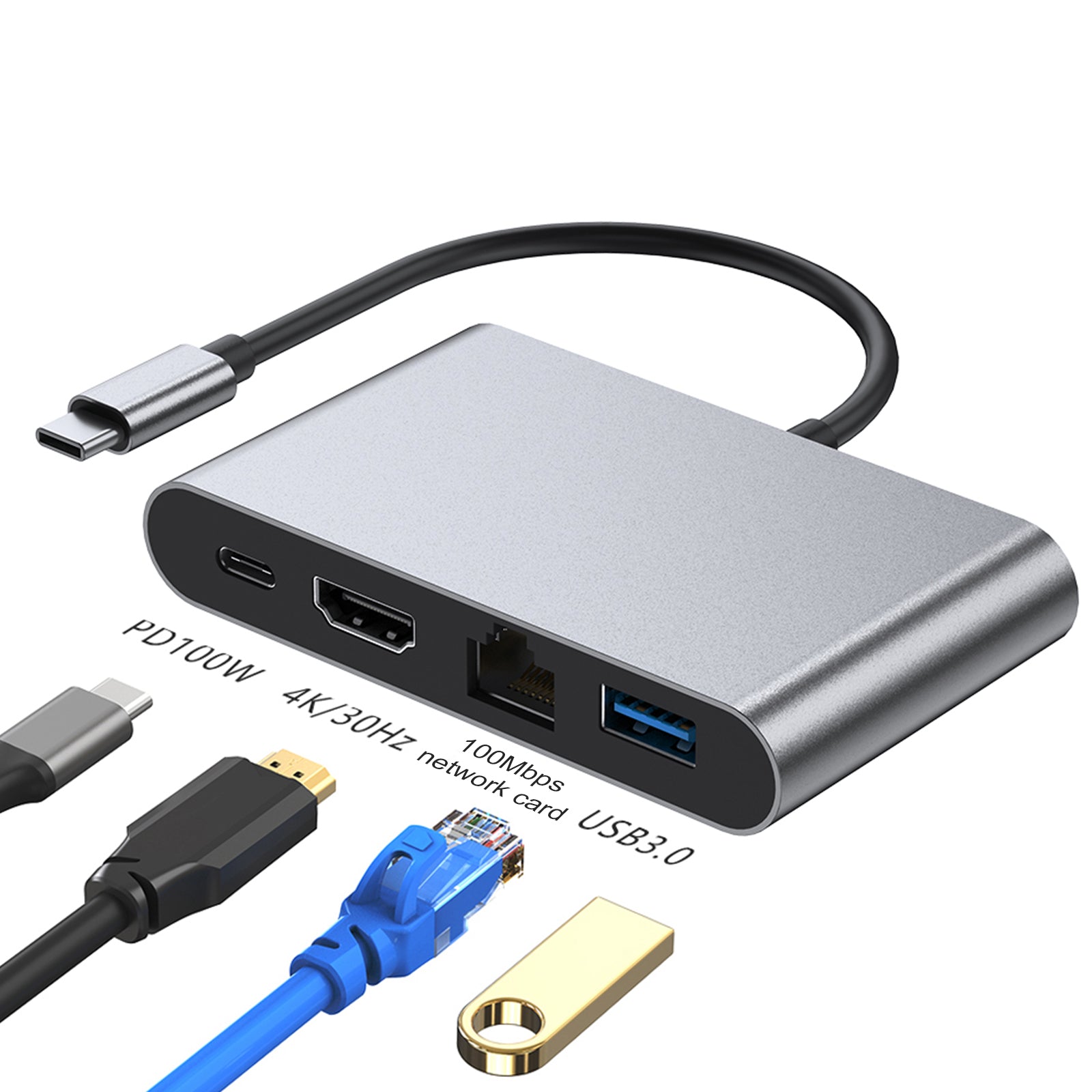 4-in-1 dockingstation TYPE-C naar RJ45 100M HDMI USB3.0 PD-interface voor MacBook