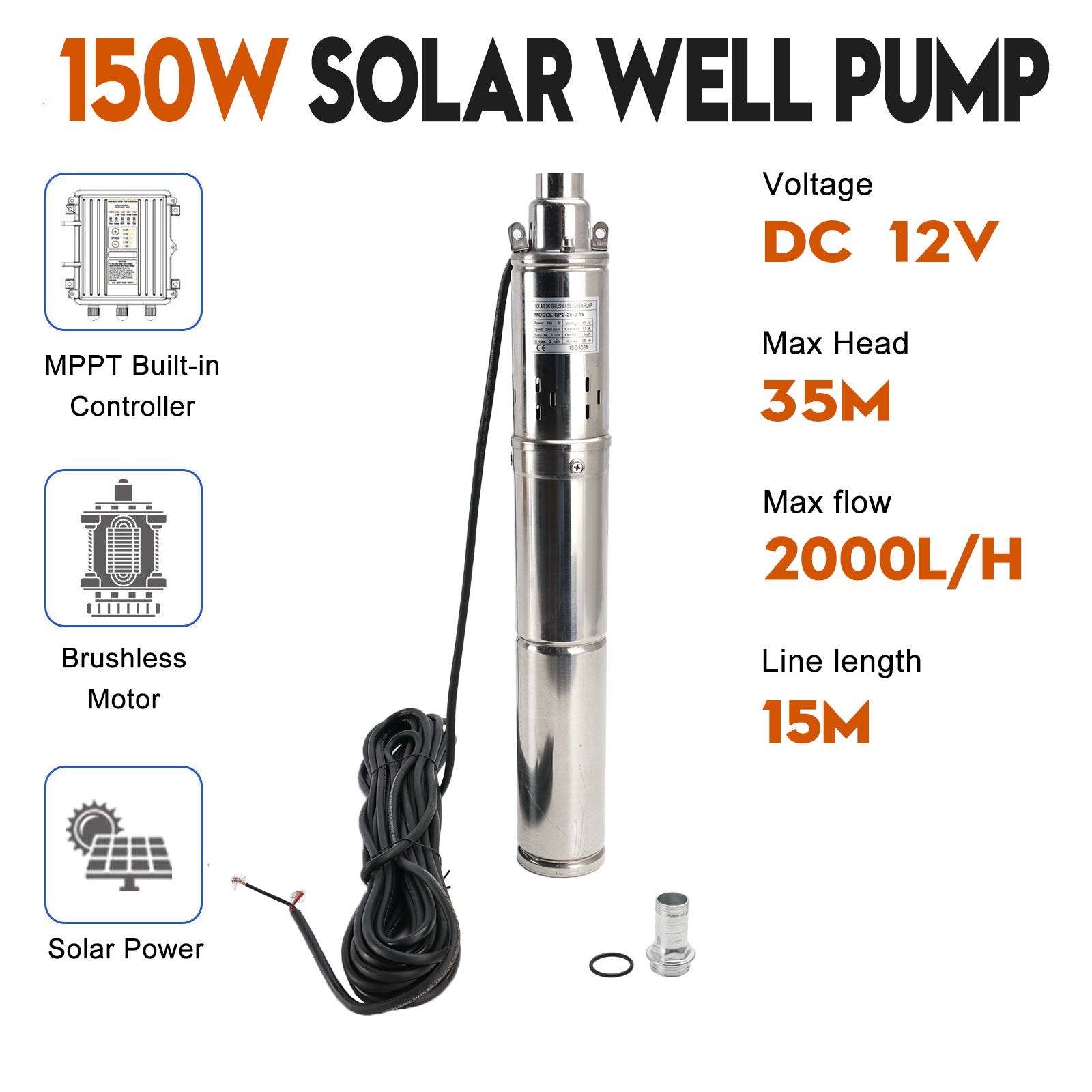 3" 12V 150W Deep Well Solar Submersible Bore Hole Water Pump Built-in MPPT