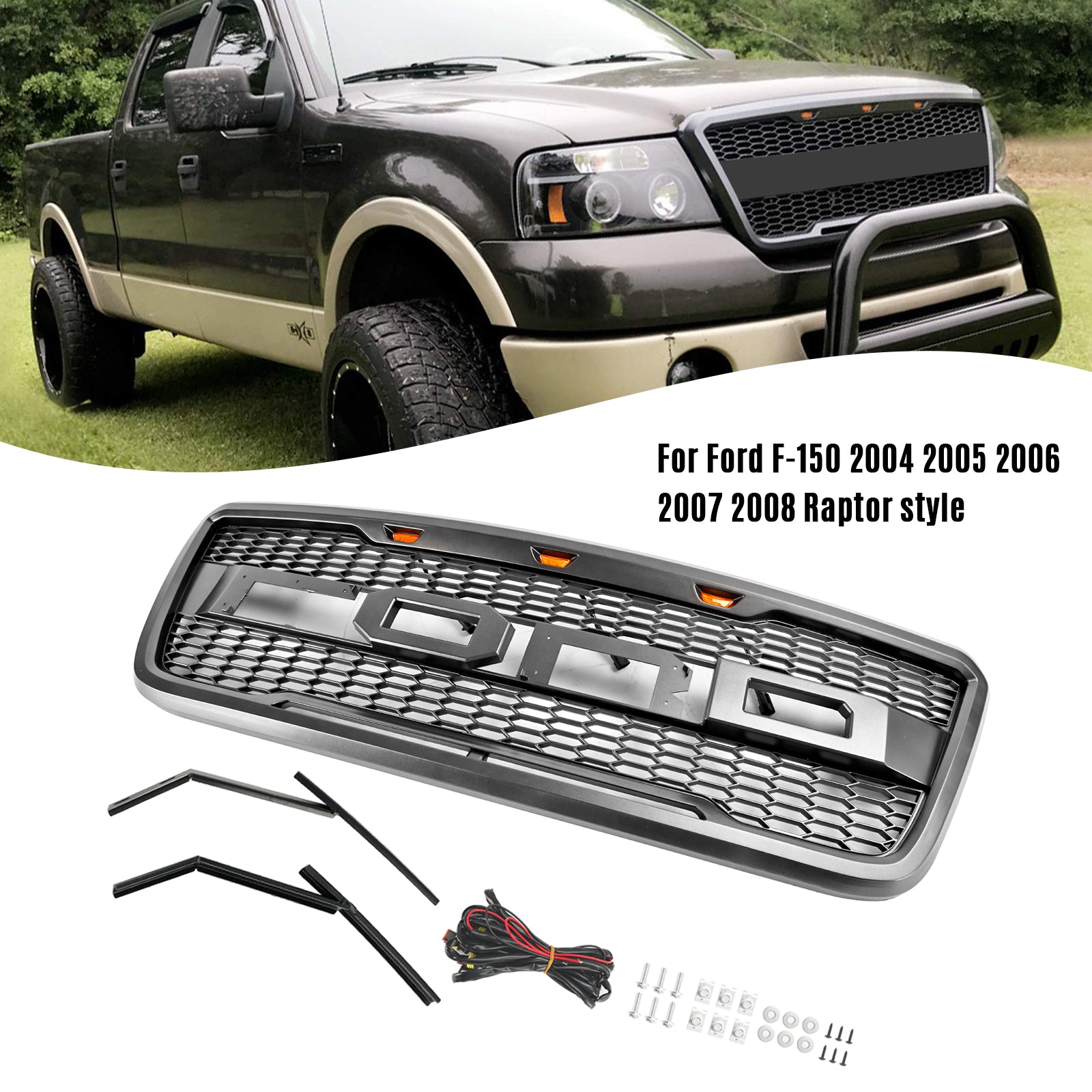 Raptor Style Front Mesh Hood Grille Grill Fit Ford F150 2004-2008 Met LED