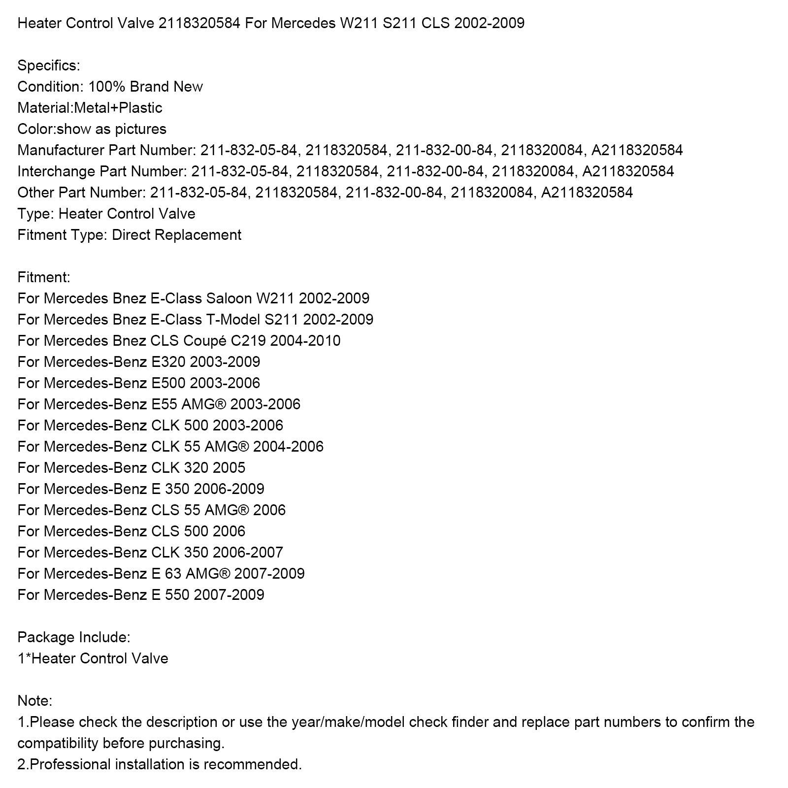 Kachelregelklep 2118320584 voor Mercedes W211 S211 CLS 2002-2009