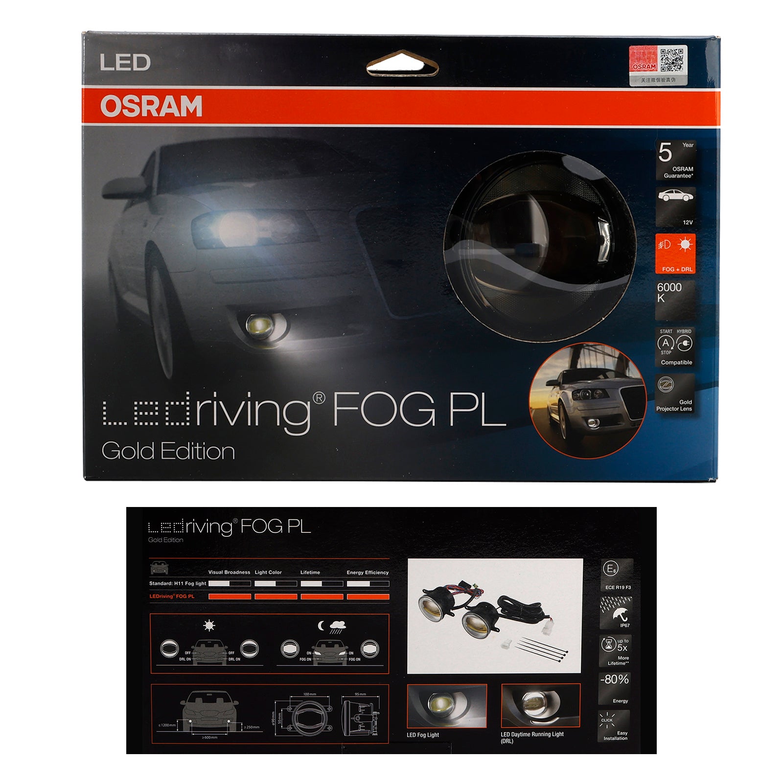 Bil Light Ledriving Fog DRL Gold Edition 90mm 6000K för Osram