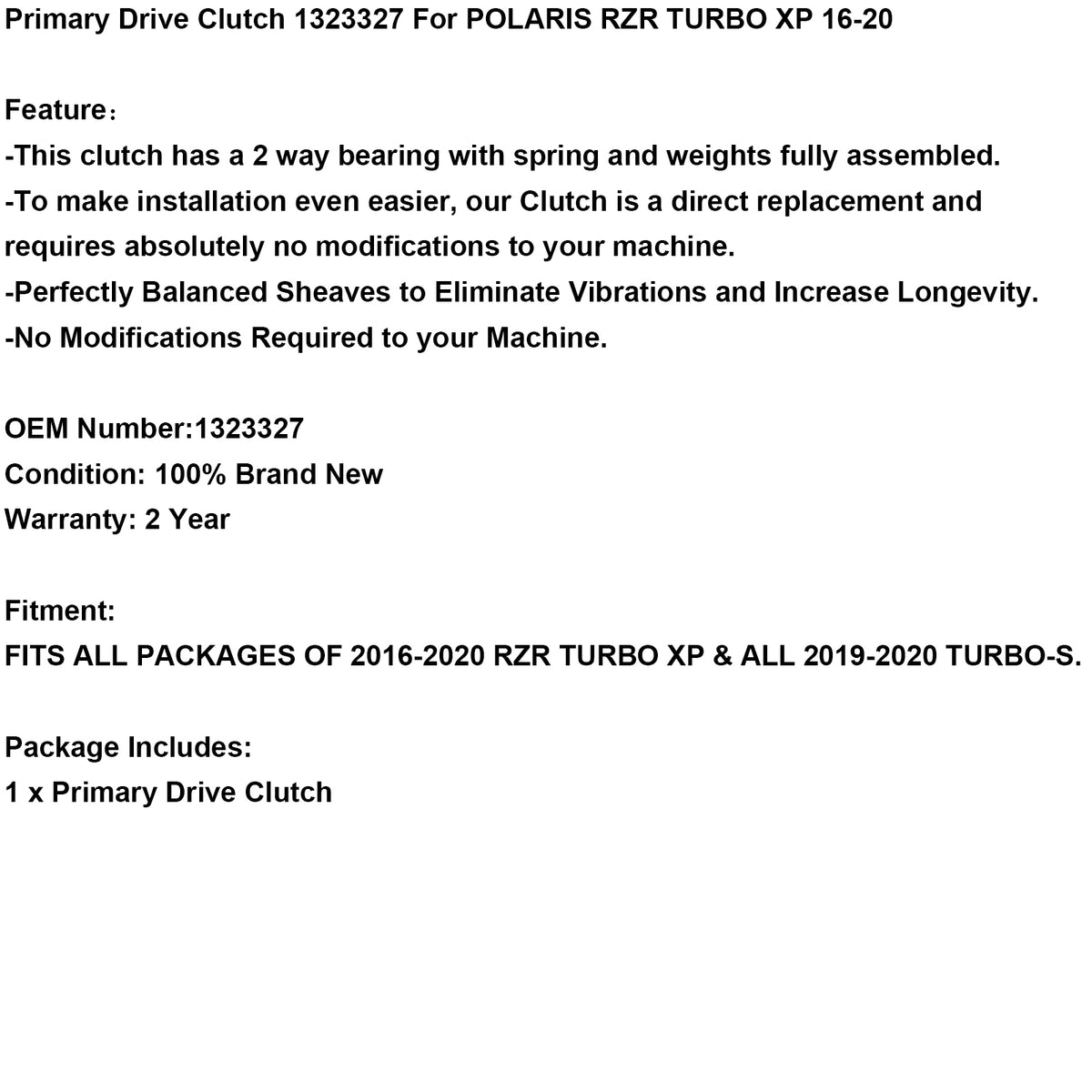 2019-2020 TURBO-S All Packages Complete Primary Drive Clutch 1323327 Generic
