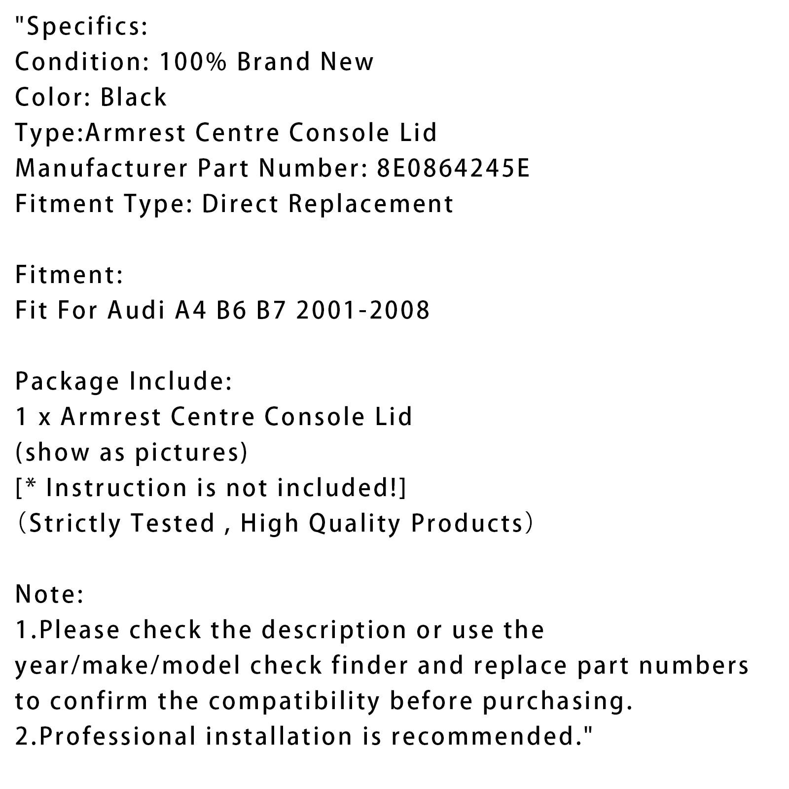 2001-2008 Audi A4 B6 B7 Zwart lederen armsteun middenconsole deksel 8E0864245E