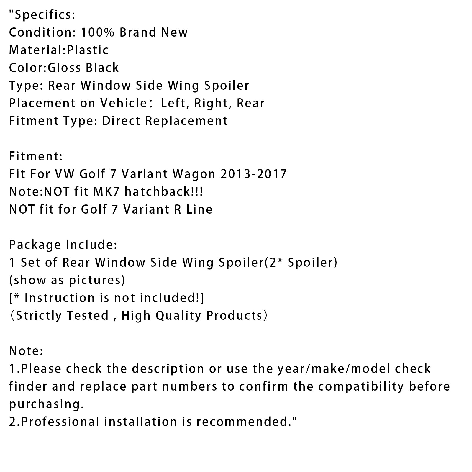 2013-2017 VW Golf 7 Variant Wagon Gloss Black Pair Rear Window Side Wing Spoiler
