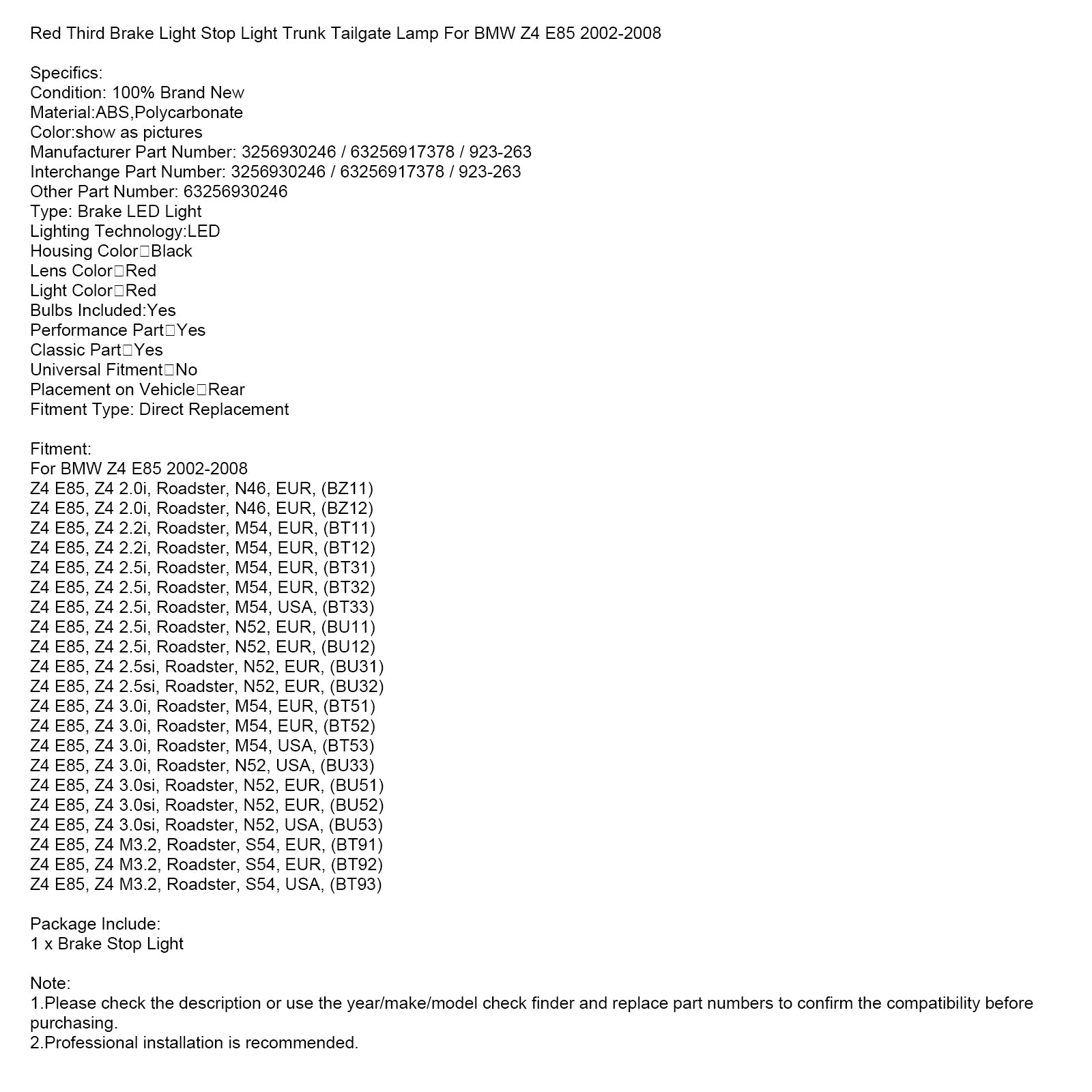 Rött tredje bromsljus Stoppljus Baklucka baklucka för BMW Z4 E85 2002-2008