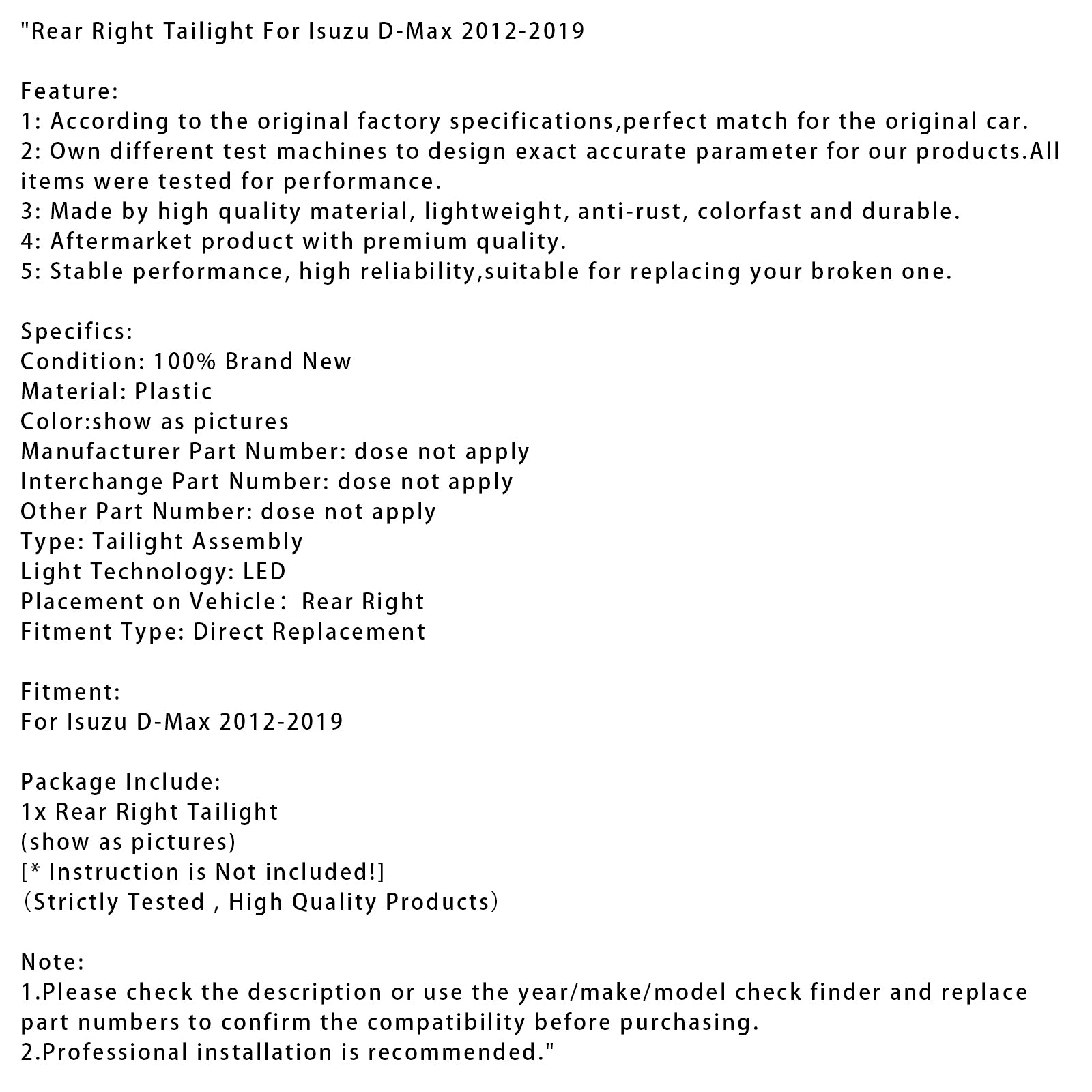 Rear Right Tailight For Isuzu D-Max 2012-2019