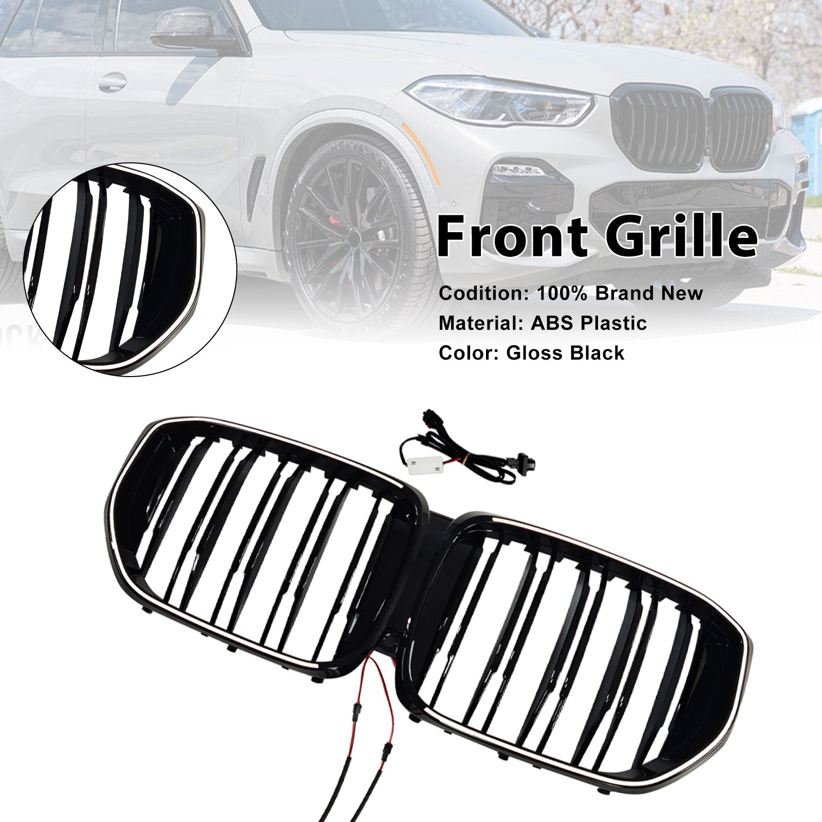 Black Front Bumper Grille Grill Fit BMW G05 LCI X5 2024+ Double Line W/LED
