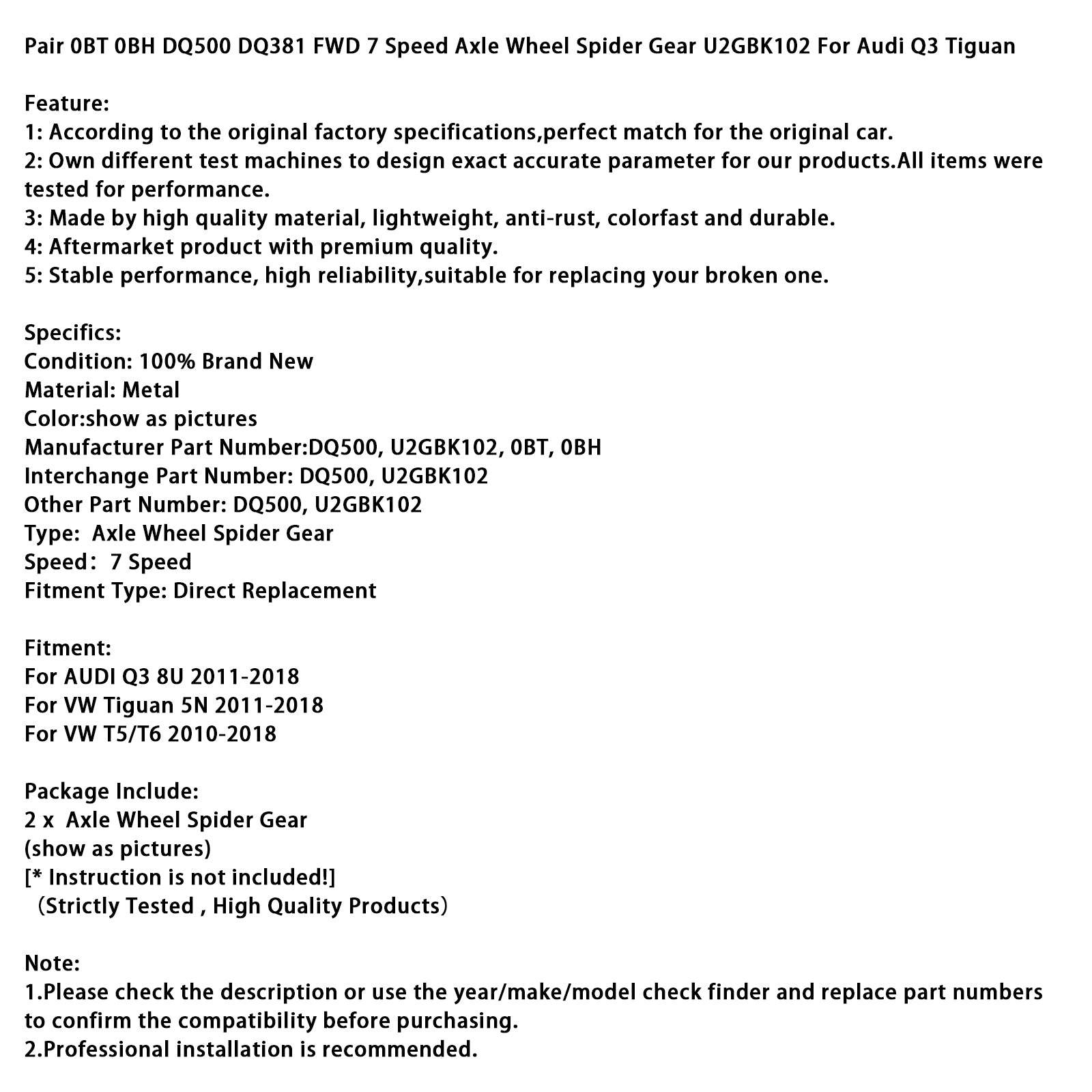 2011-2018 VW Tiguan 5N Pair 0BT 0BH DQ500 DQ381 FWD 7 Speed Axle Wheel Spider Gear U2GBK102