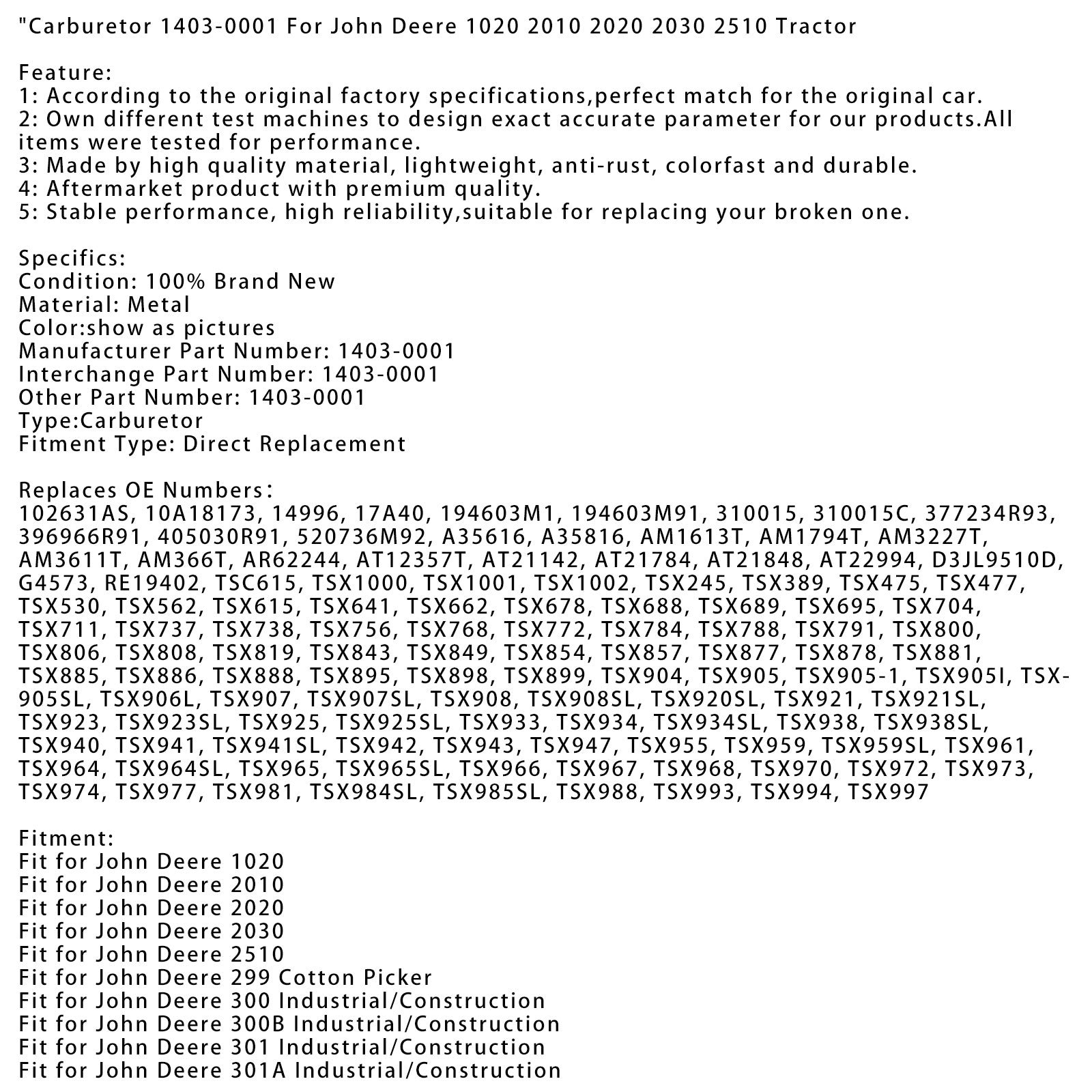 Carburateur 1403-0001 Voor John Deere 1020 2010 2020 2030 2510 Tractor