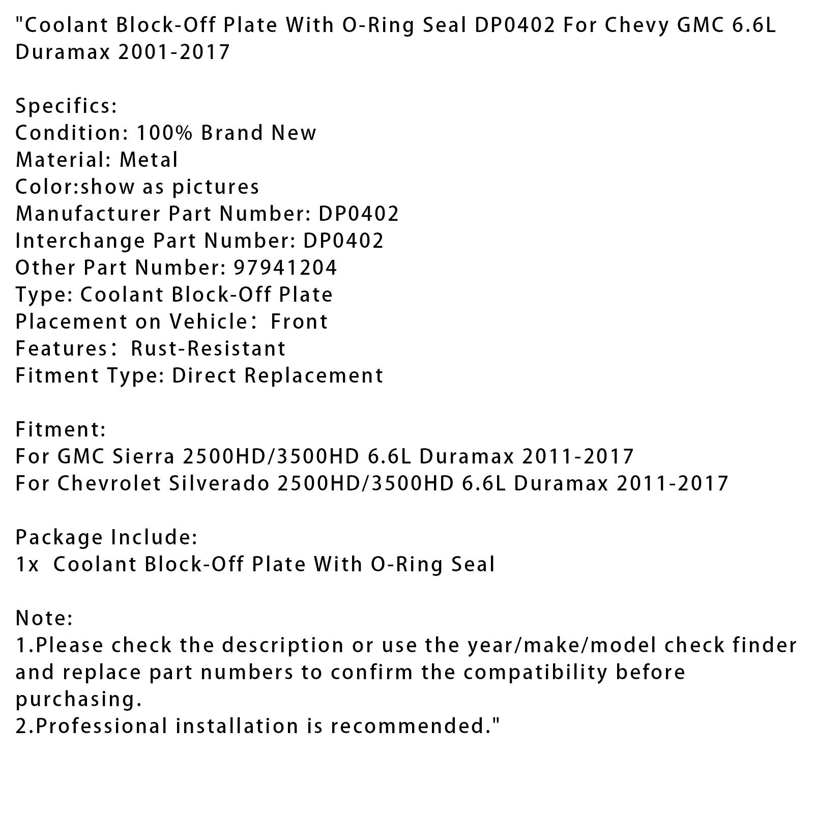 Coolant Block-Off Plate With O-Ring Seal DP0402 For Chevy GMC 6.6L Duramax 2001-2017